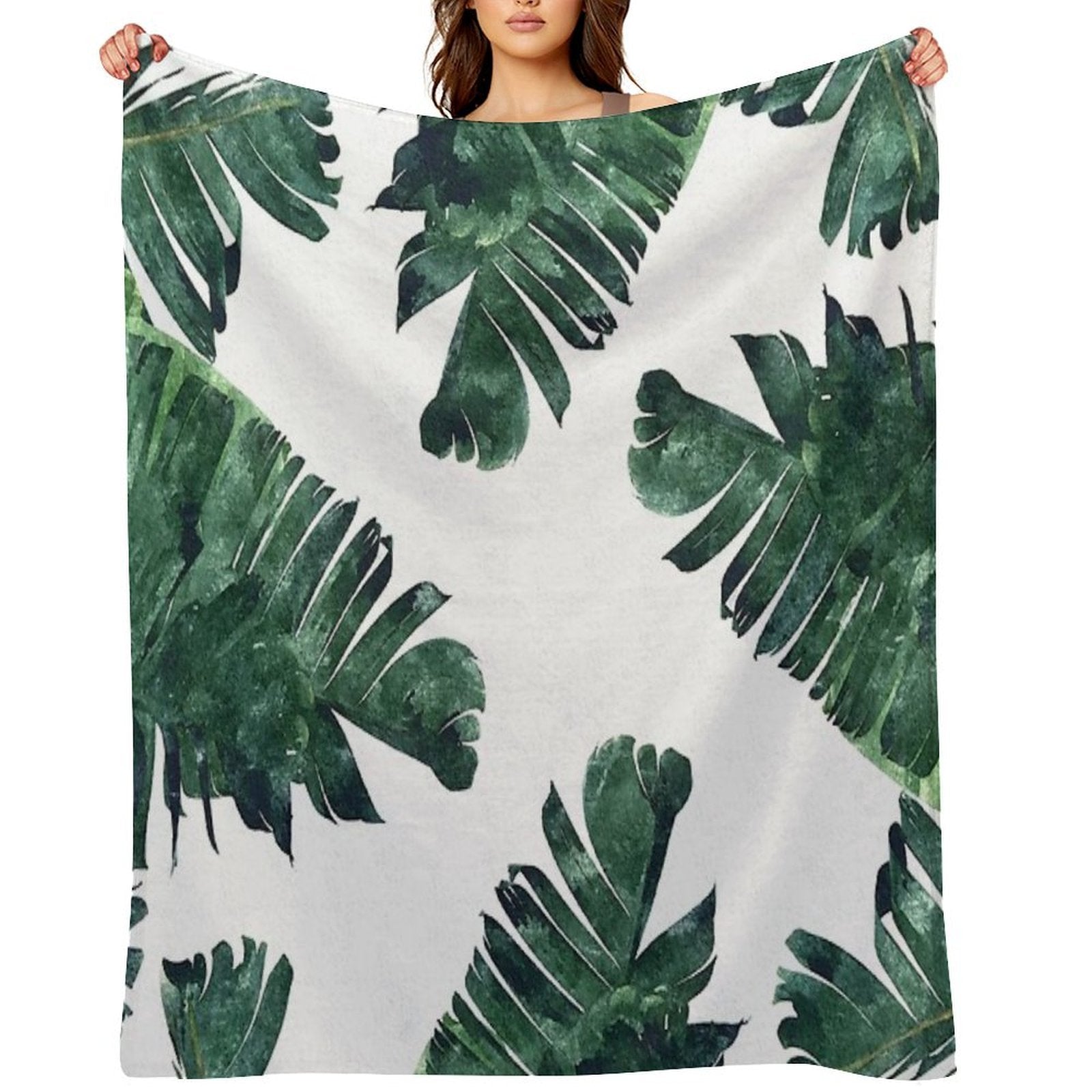 Banana Leaves Watercolor Painting, Tropical Botanical Jungle Nature Minimal Vibrant Modern Bohemian Illustration Shrink-resistant Throw Blanket