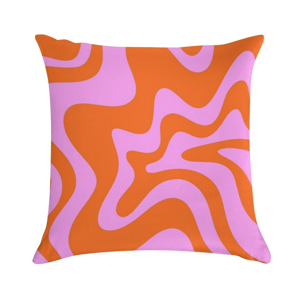 Retro Liquid Swirl Abstract Pattern Square in Hot Pink And Red-Orange Soft Washable Throw Pillow
