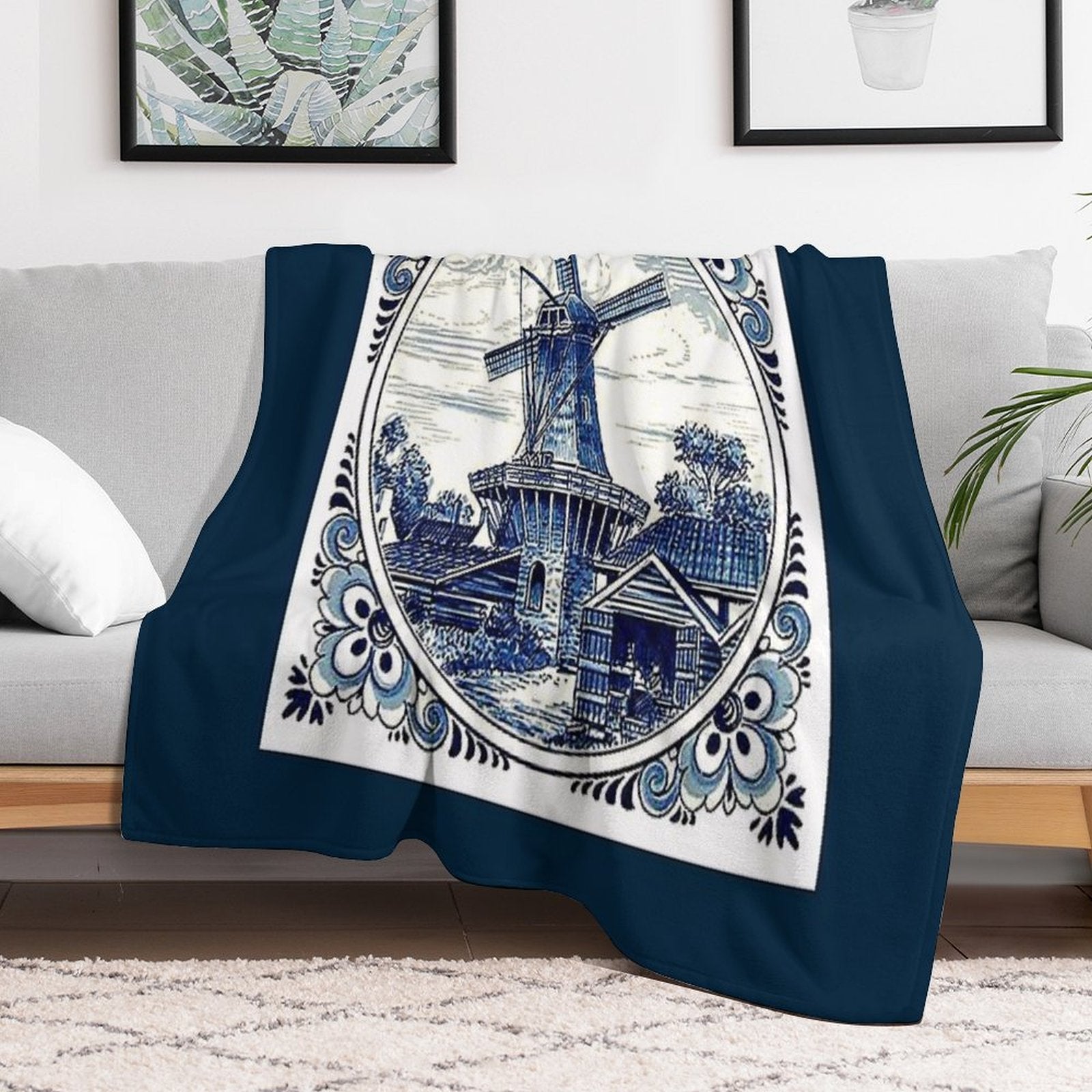 DUTCH BLUE DELFT  Vintage Windmill  Print Sustainable Throw Blanket
