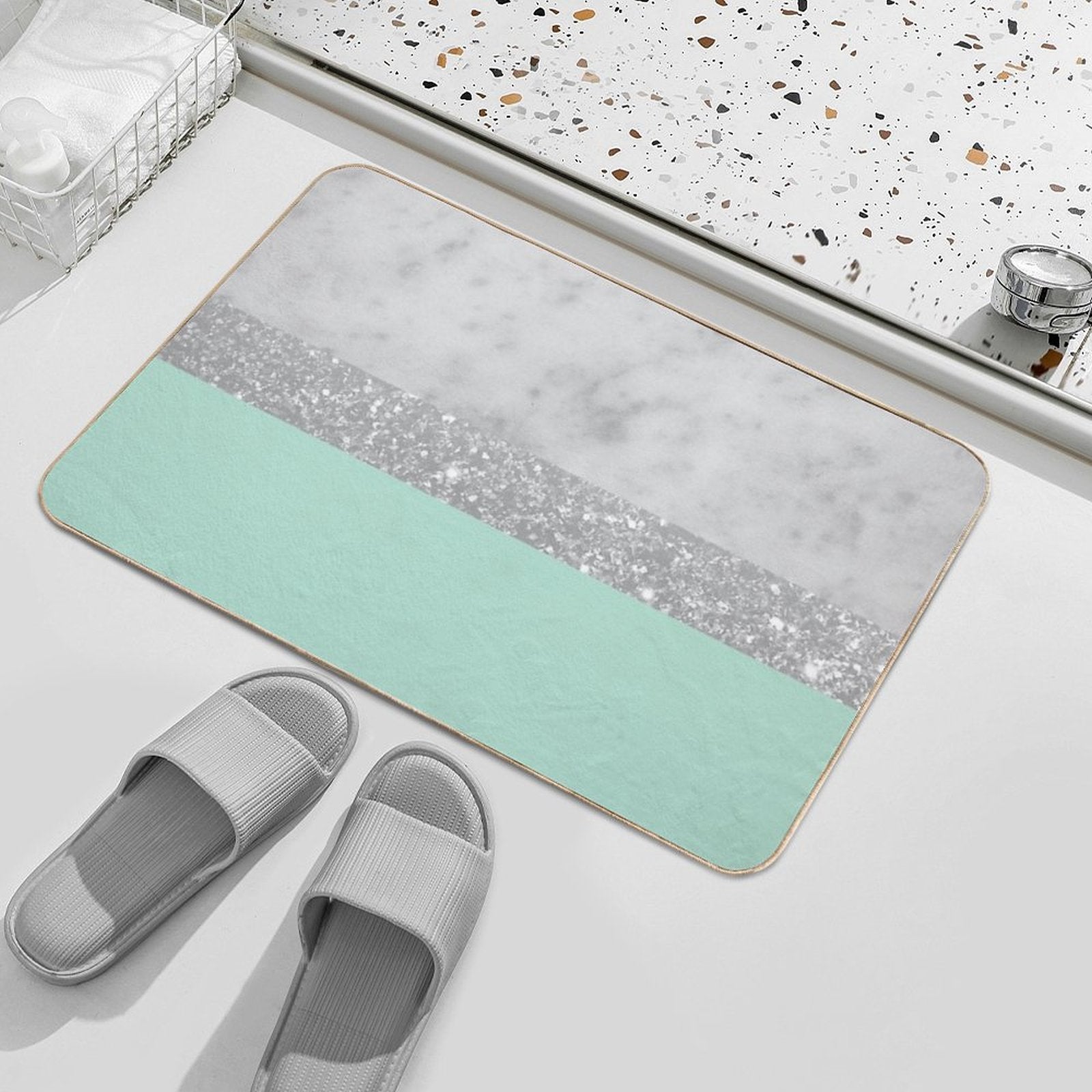 White Marble Mint Silver Stripe Glam #1 (Photo of Glitter Only - Not Reflective)  Toxin-Free Bath Mat