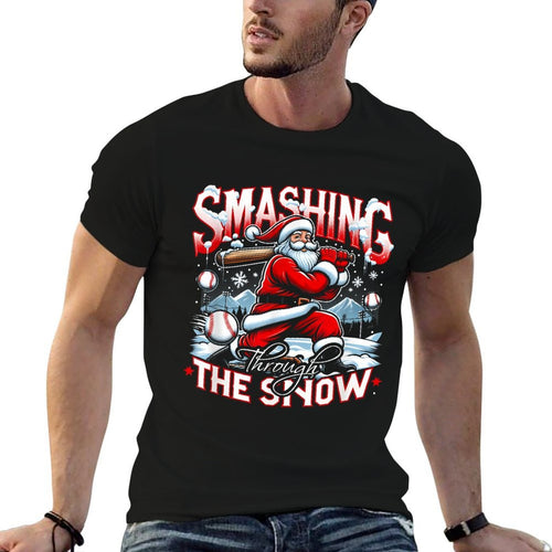 Baseball Player Christmas Santa Smashing Through Snow Comfortable T-Shirt