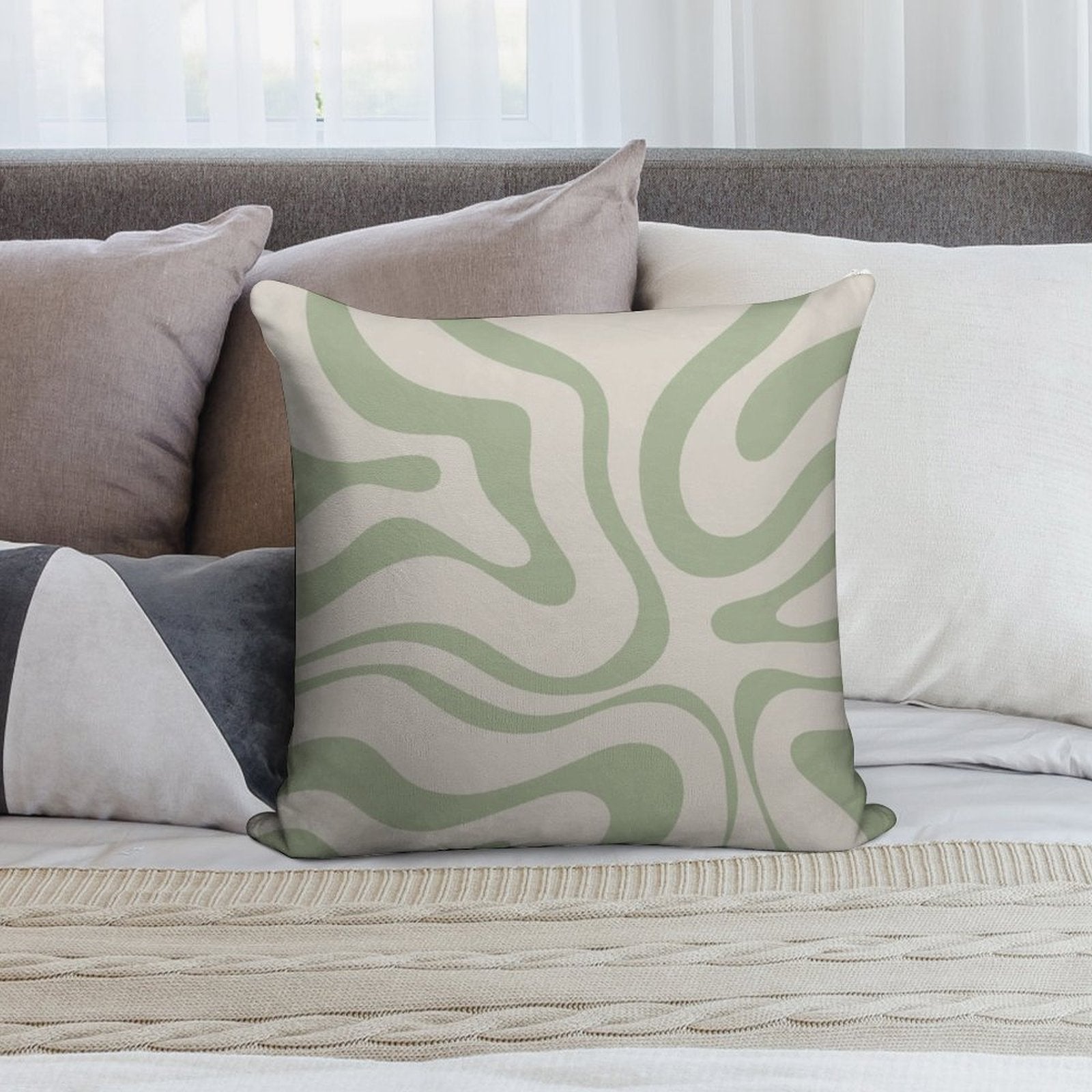 Liquid Swirl Abstract Pattern in Beige And Sage Green Soft Shrink-Resistant Throw Pillow