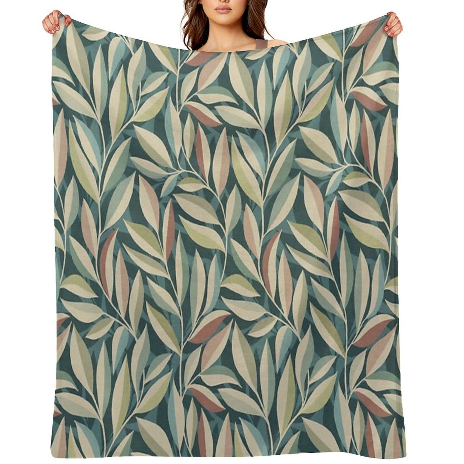 Peaceful Foliage And Shadows in Teal, Sage, Cream And Pink Pattern All-season Throw Blanket