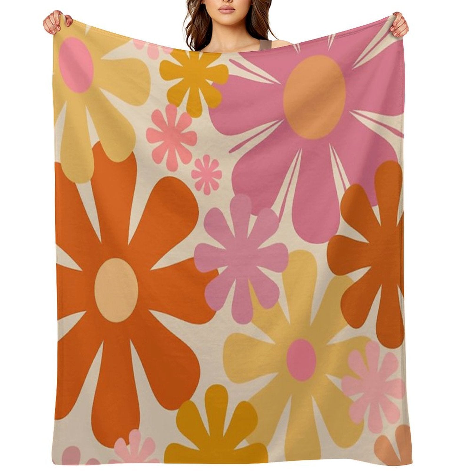 Retro 60s 70s Flowers - Vintage Style Floral Pattern in Thulian Pink, Orange, Mustard, And Cream Gift-ready Throw Blanket