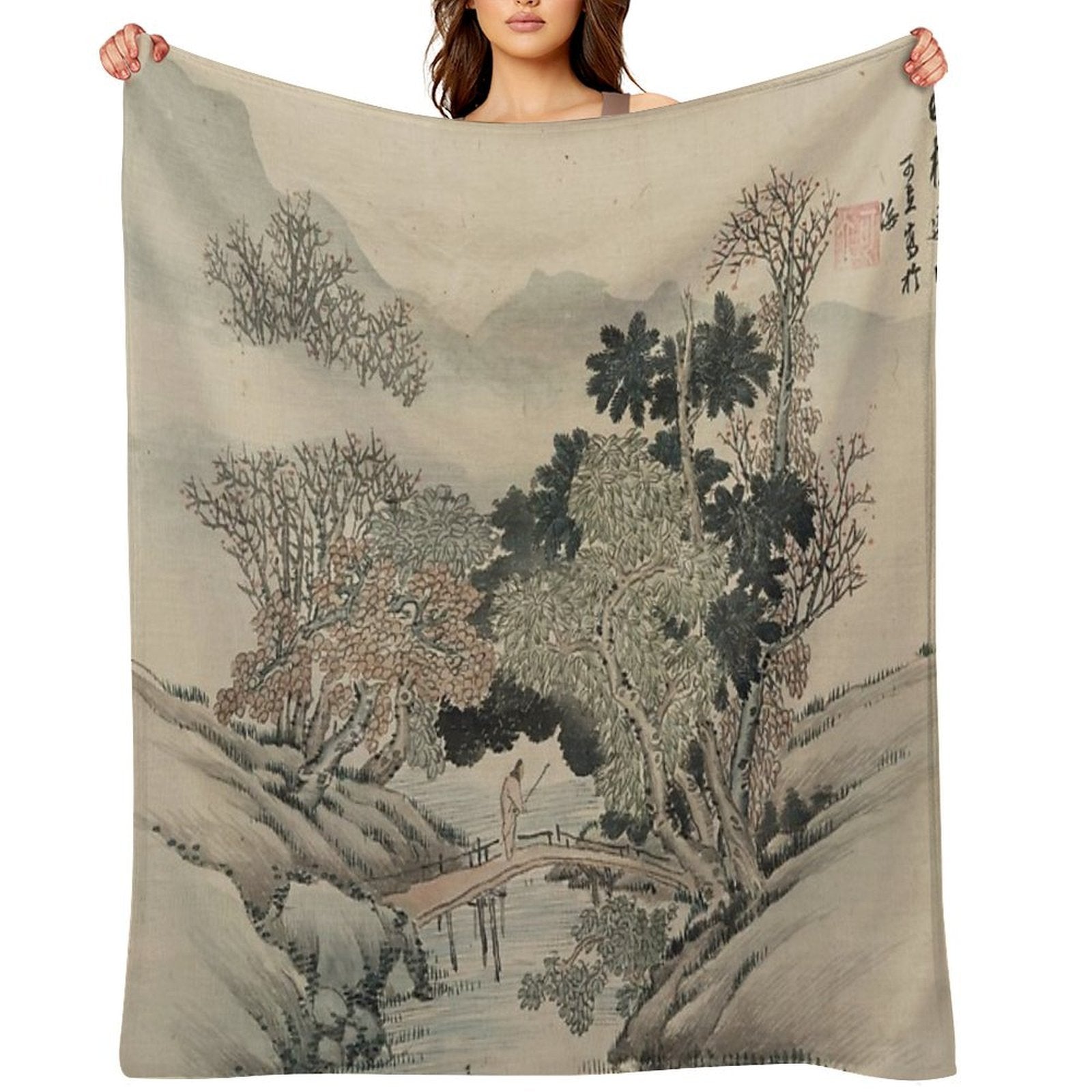 Vintage Japanese Landscape Painting Wrinkle-free Throw Blanket