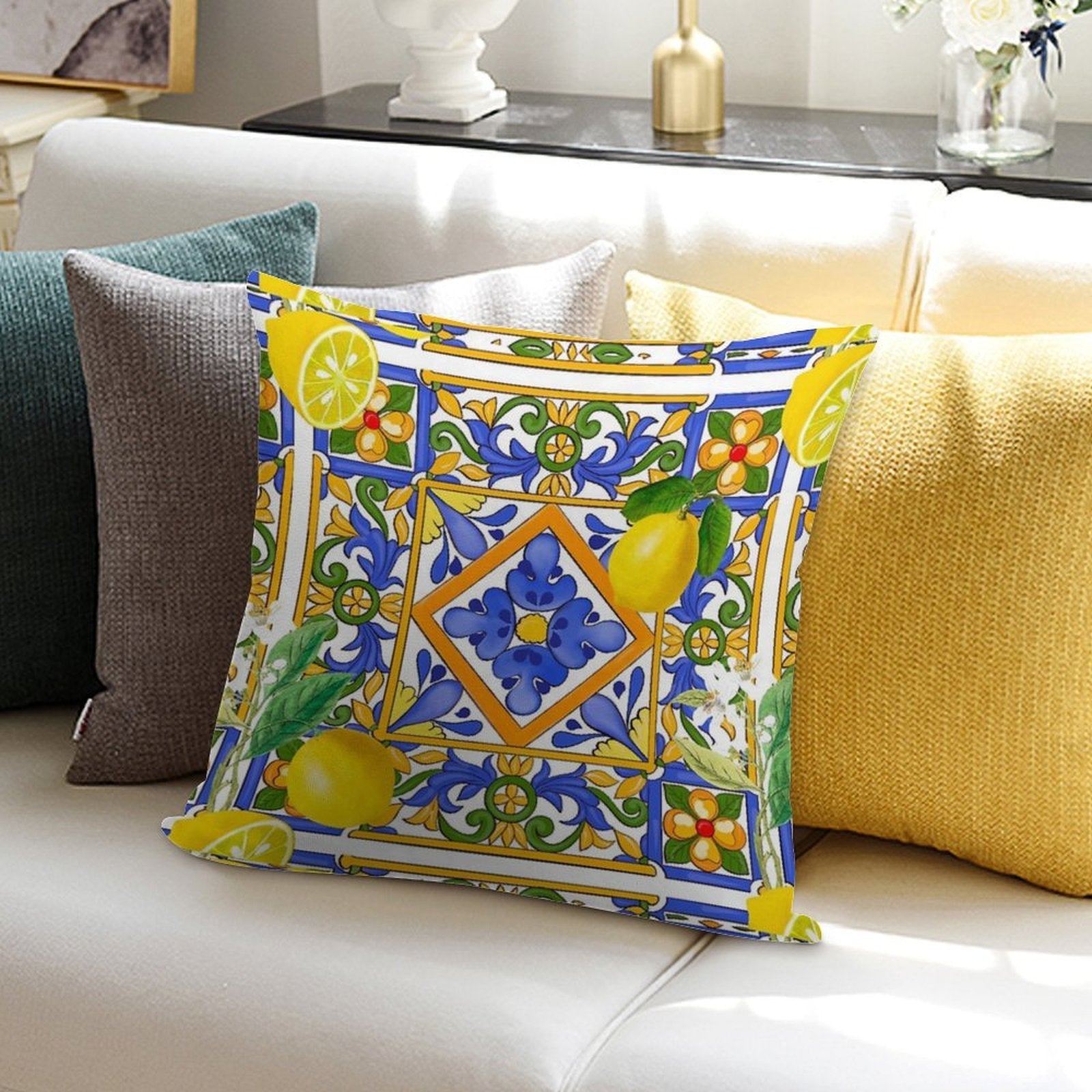 Summer ,Sicilian Tiles ,citrus,oranges,majolica,lemons ,Mediterranean Soft Easy Maintenance Throw Pillow