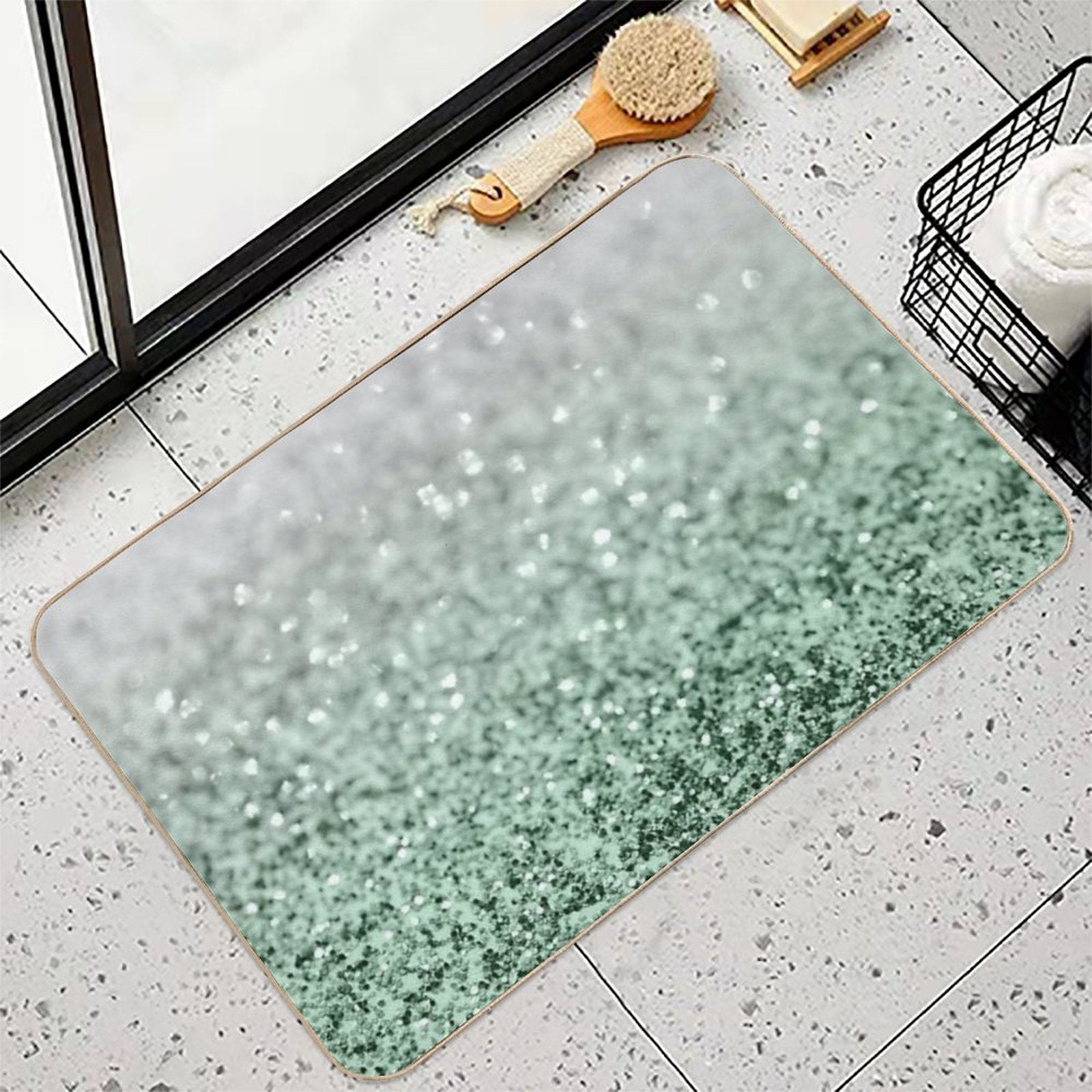 Silver Pastel Mint Green Ocean Glam #1 (Photo of Glitter Only - Not Reflective)  Repositionable Bath Mat