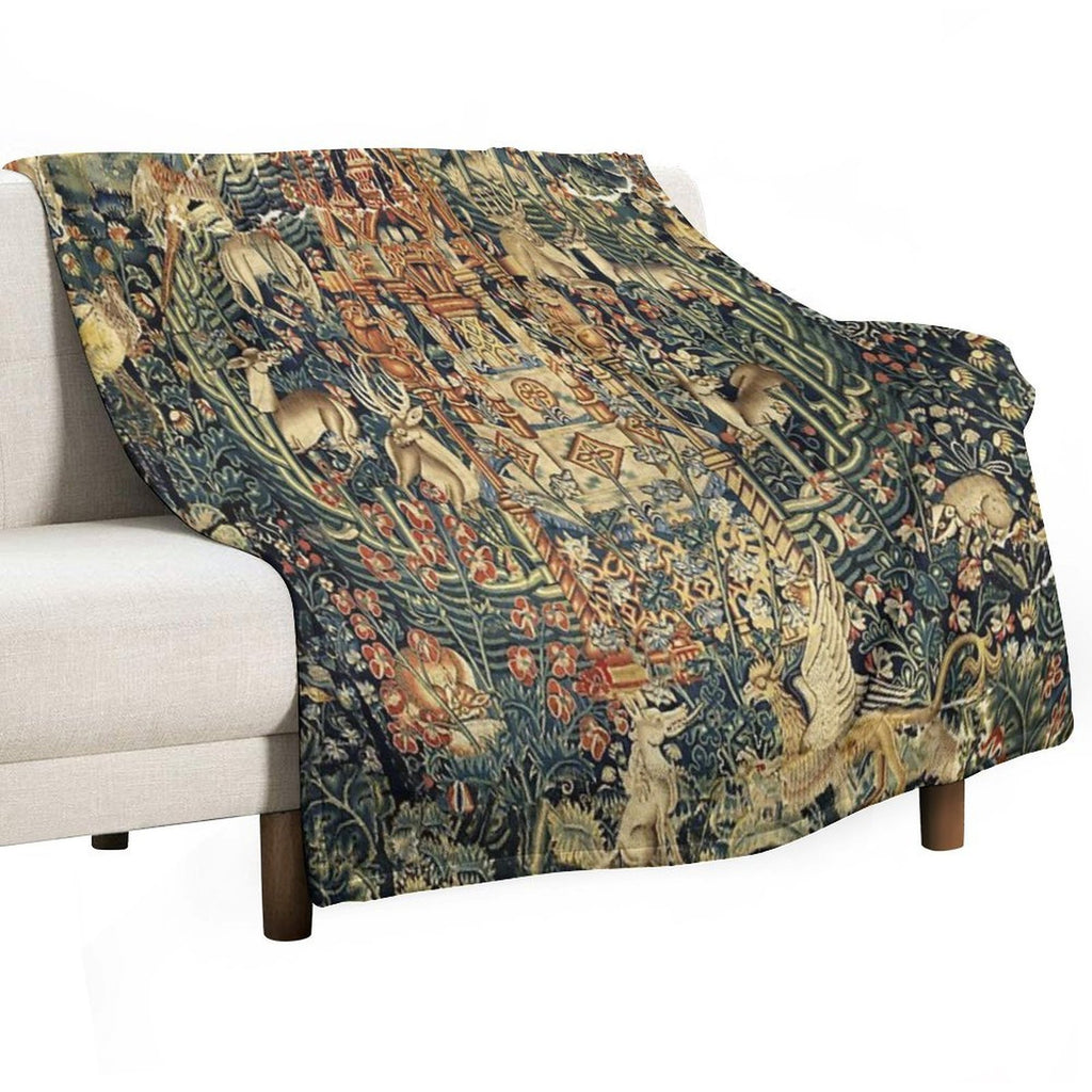 SOURCE OF LIFE Verdure with Forest Animals in Private Garden, Floral Medieval Tapesty Shrink-resistant Throw Blanket