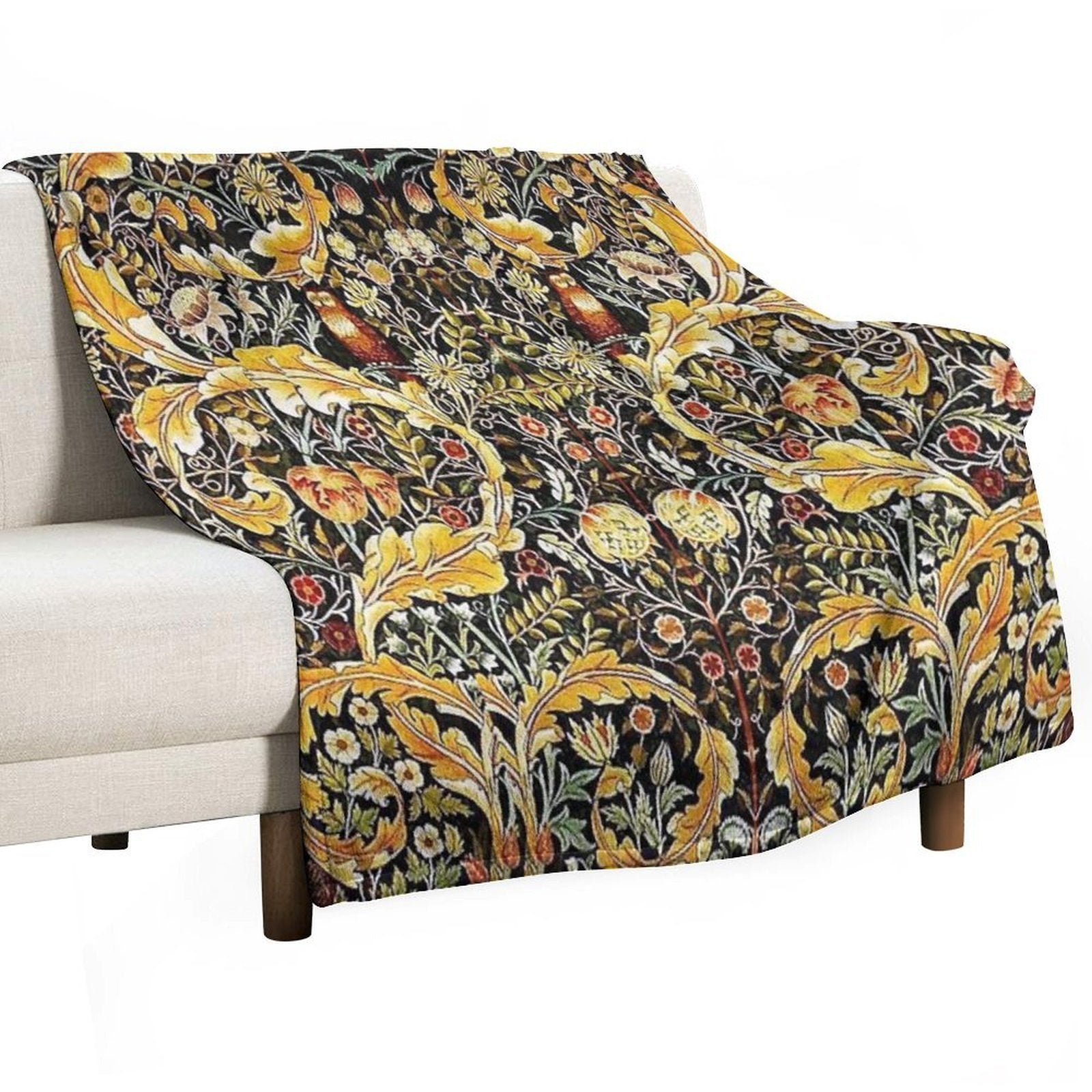 OWL ON ACANTHUS LEAVES AND FLOWERS Yellow Brown Floral Premium Throw Blanket