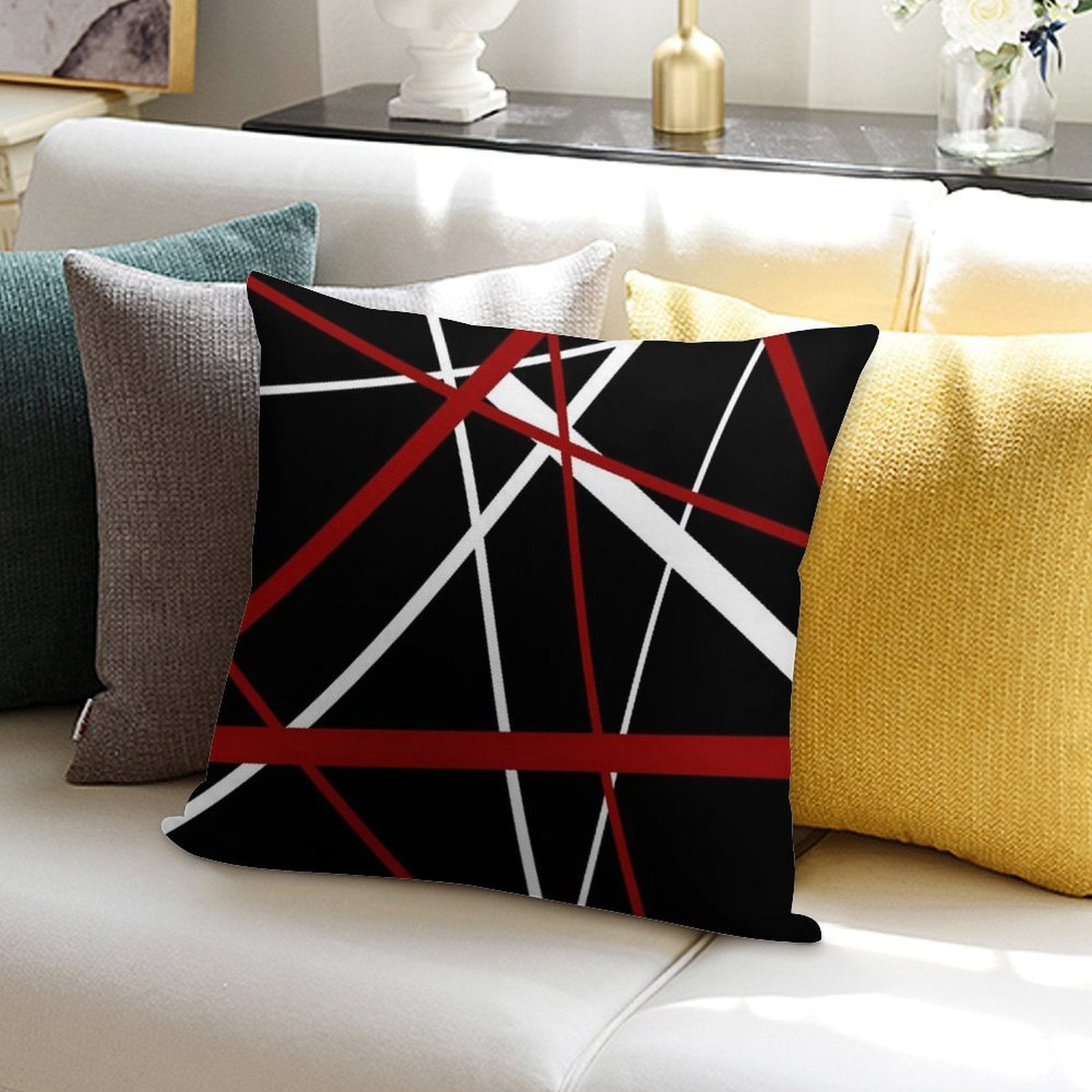Red And White Strips Against A Black Background Soft Home Decor Throw Pillow