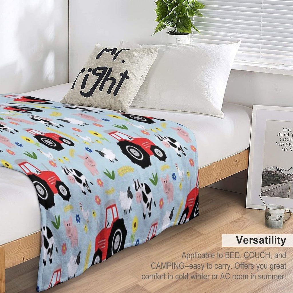 Cute Kids Red Tractor Farm Animal Pattern Cartoon Gift-ready Throw Blanket