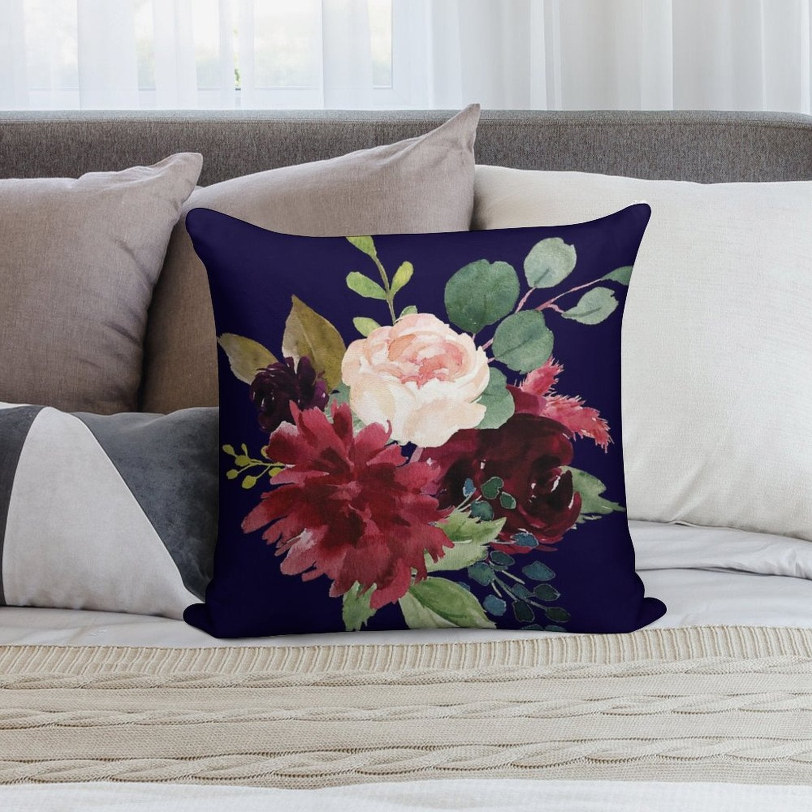Navy, Burgundy And Blush Floral Art with Eucalyptus Soft Multiple Sizes Throw Pillow