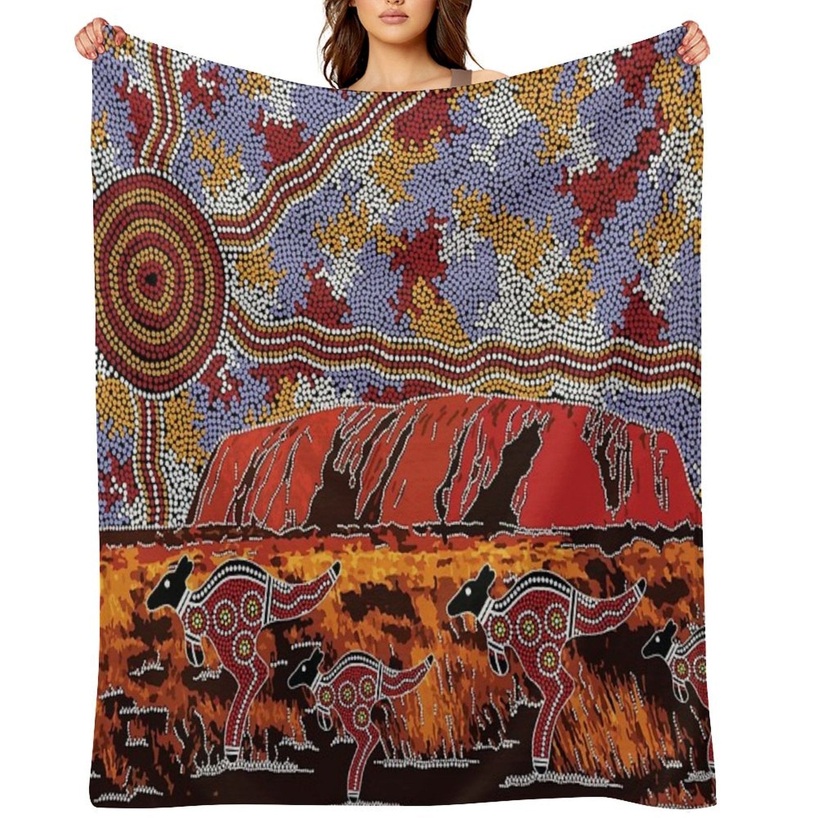 Authentic Aboriginal Art - Uluru  Ayers Rock Compact Throw Blanket