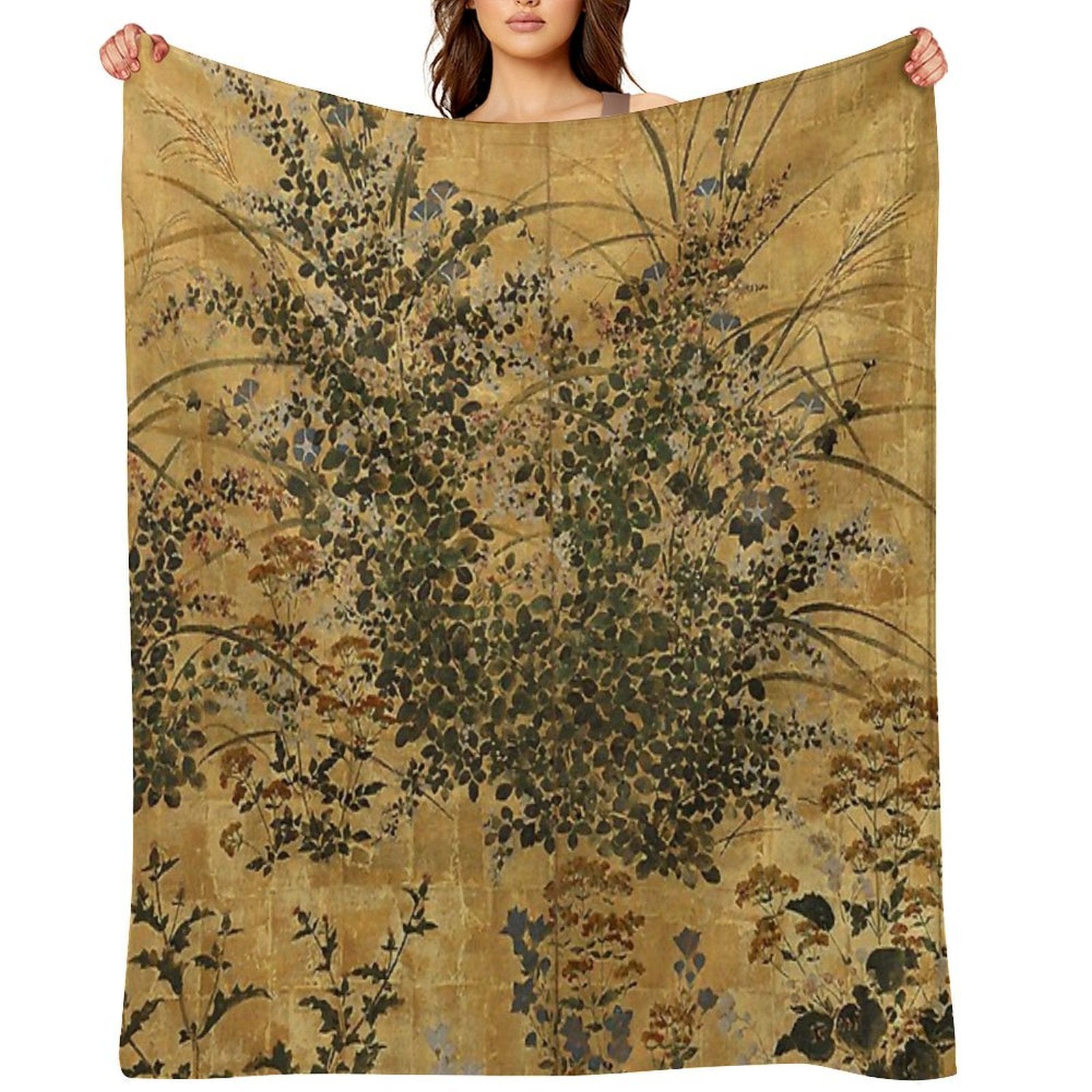 Vintage Japanese Floral Gold Leaf Screen With Morning Glory Multi-functional Throw Blanket