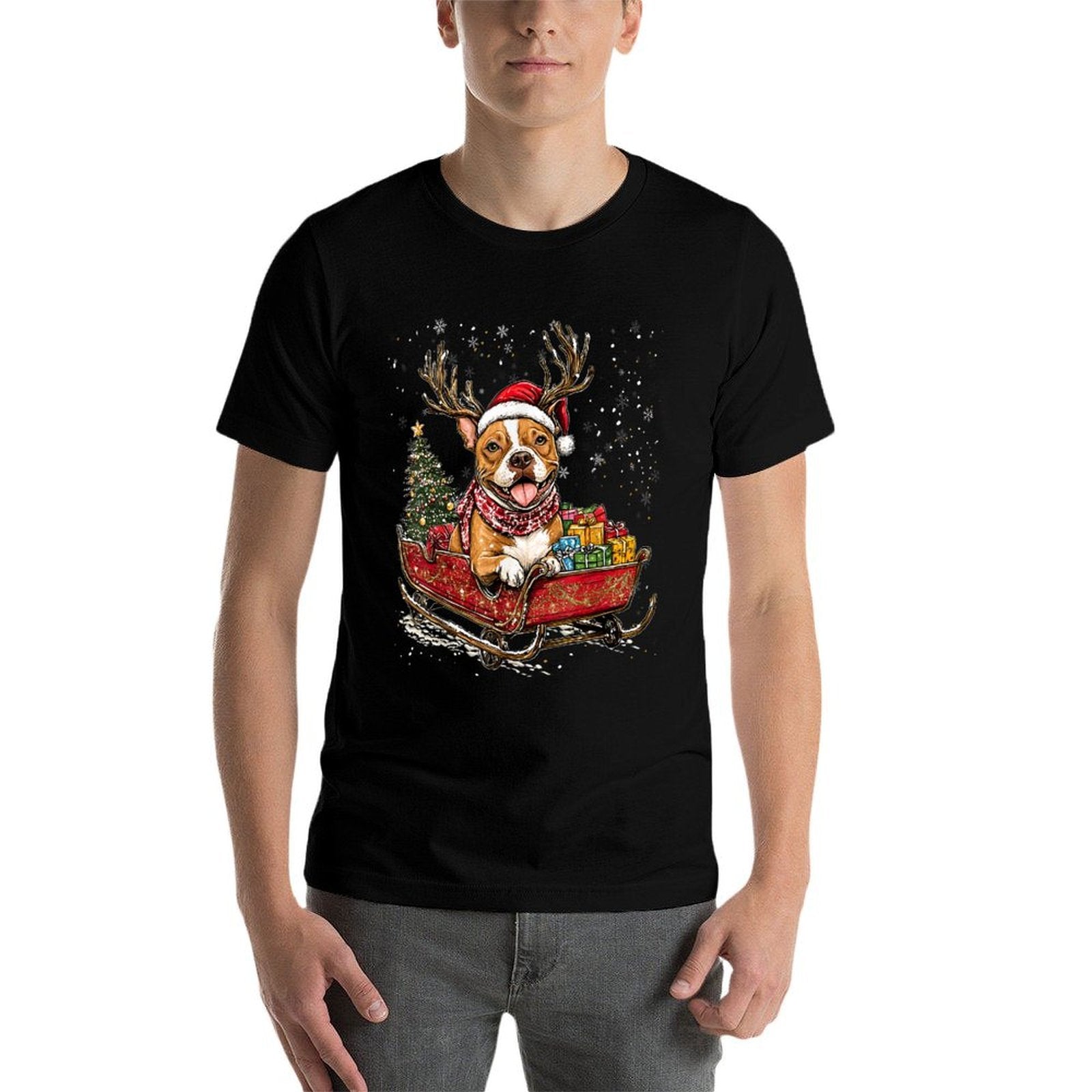 Santa Pitbull Reindeer Light Christmas  Trendy Pattern T-Shirt