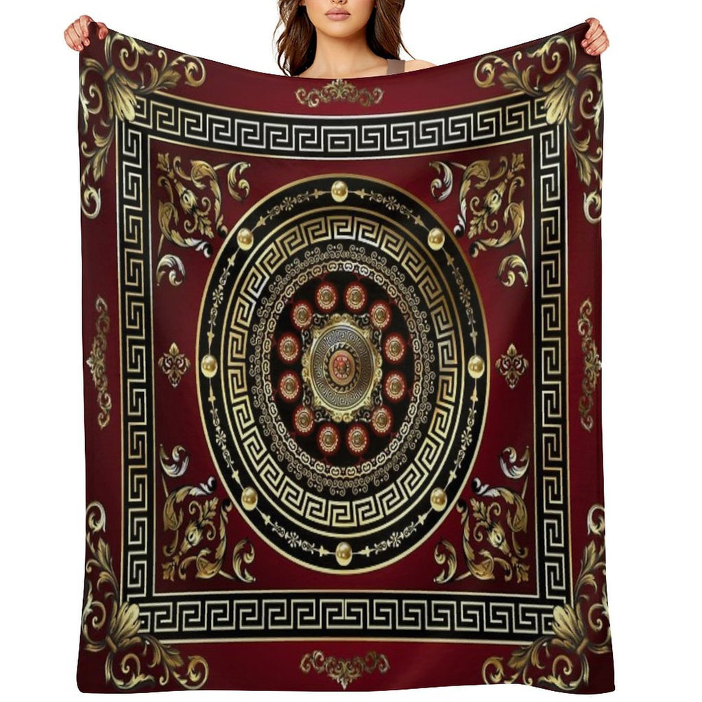 Greek Key Meander Red Gold Black Medallion Baroque Lightweight Throw Blanket