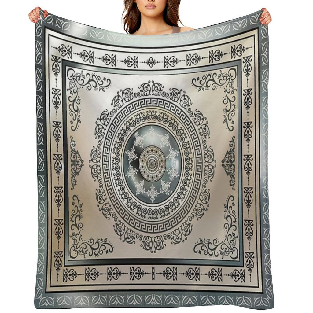 Ornate Greek Key Meander Green And Cream Medallion Wrinkle-free Throw Blanket