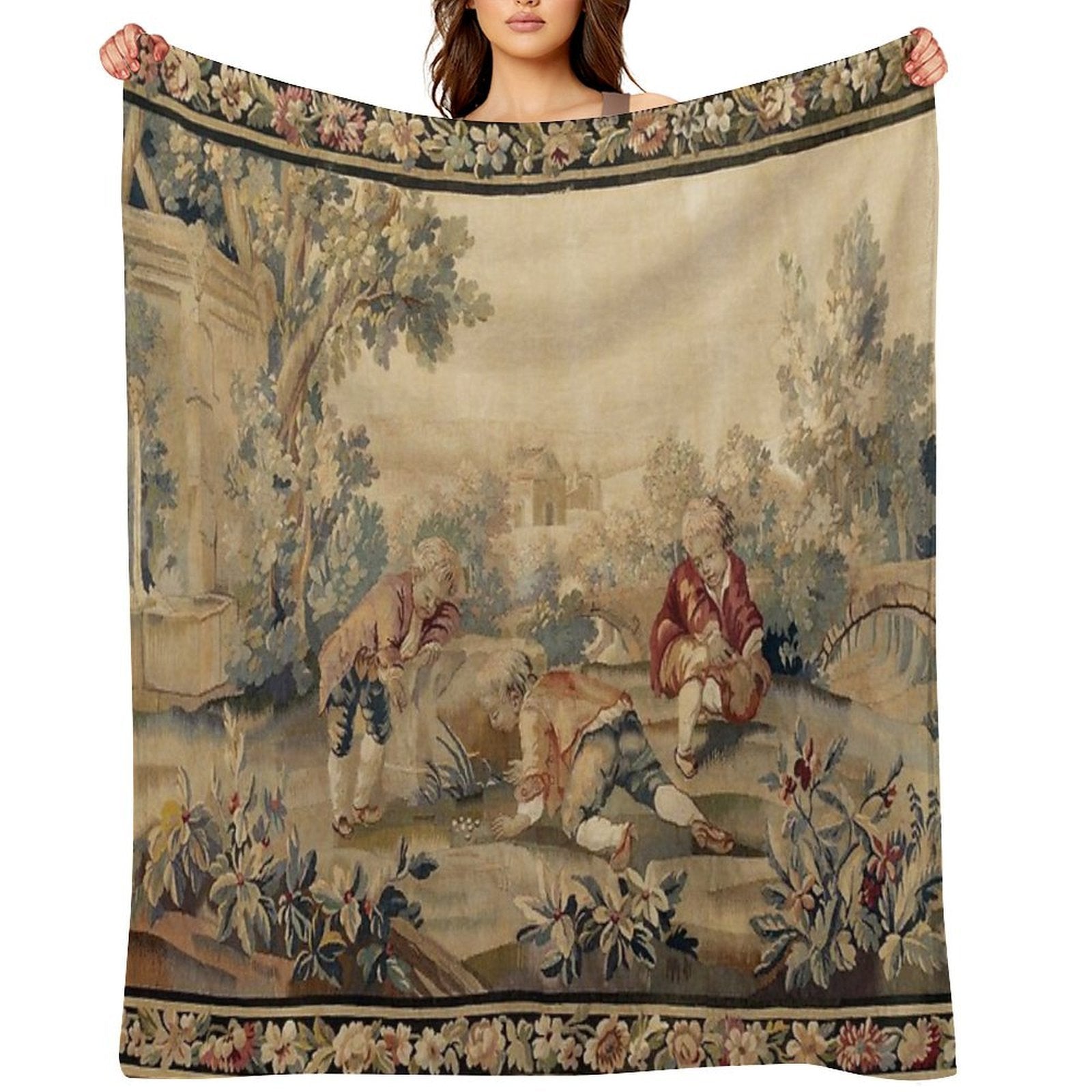 Aubusson  Antique French Tapestry Print Multi-functional Throw Blanket