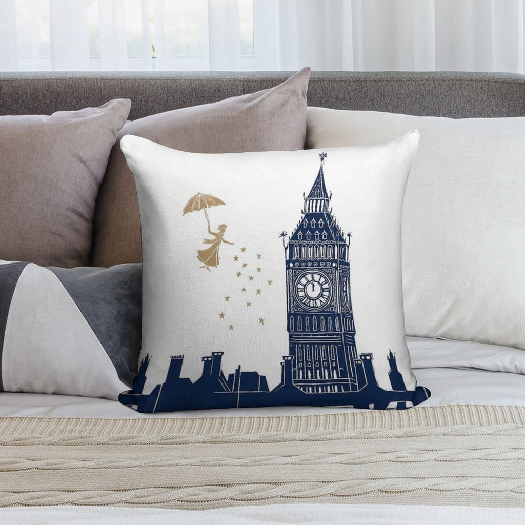 Mary Poppins And Big Ben Linocut Soft Shrink-Resistant Throw Pillow