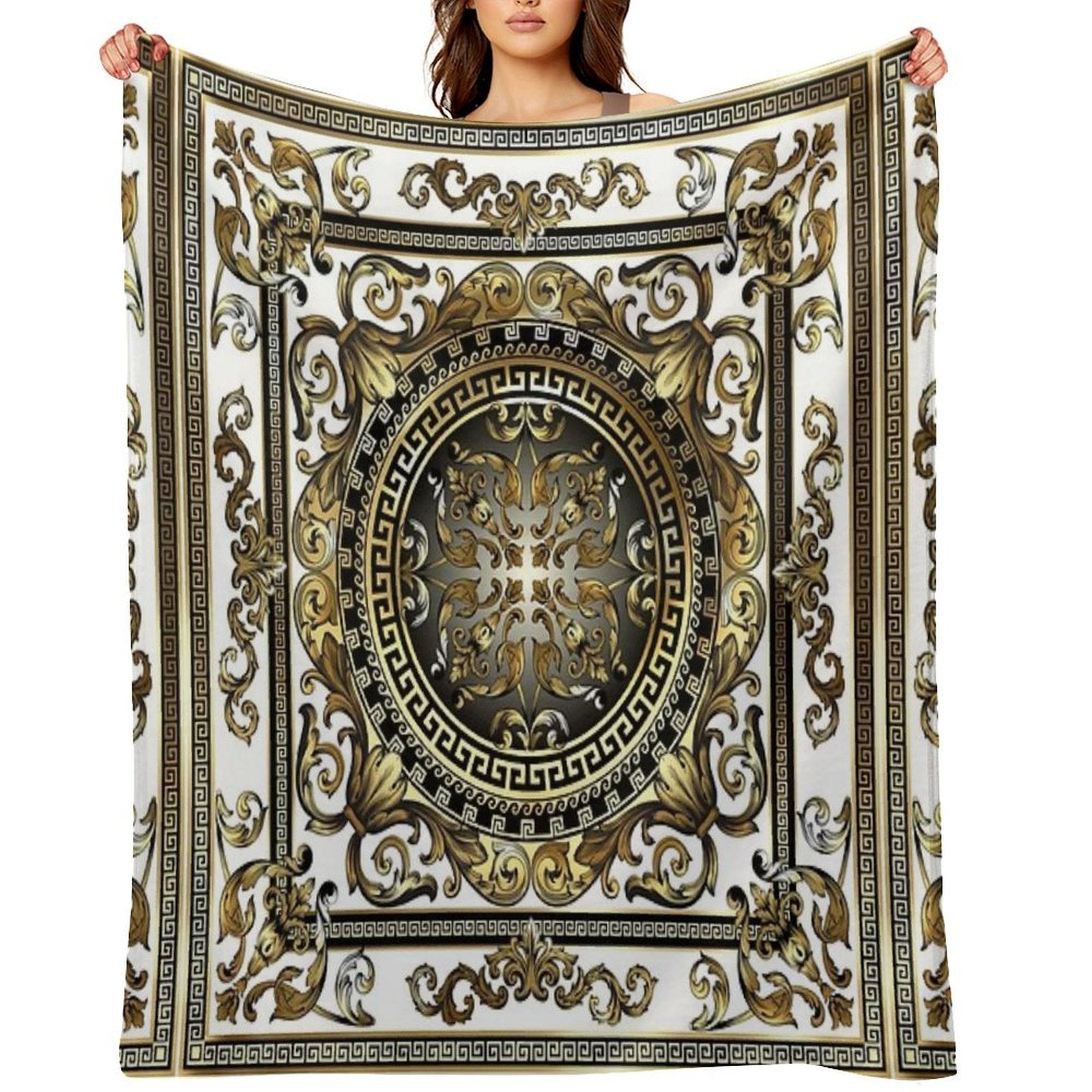 Ornate Baroque White Gold Black Greek Keys Gift-ready Throw Blanket
