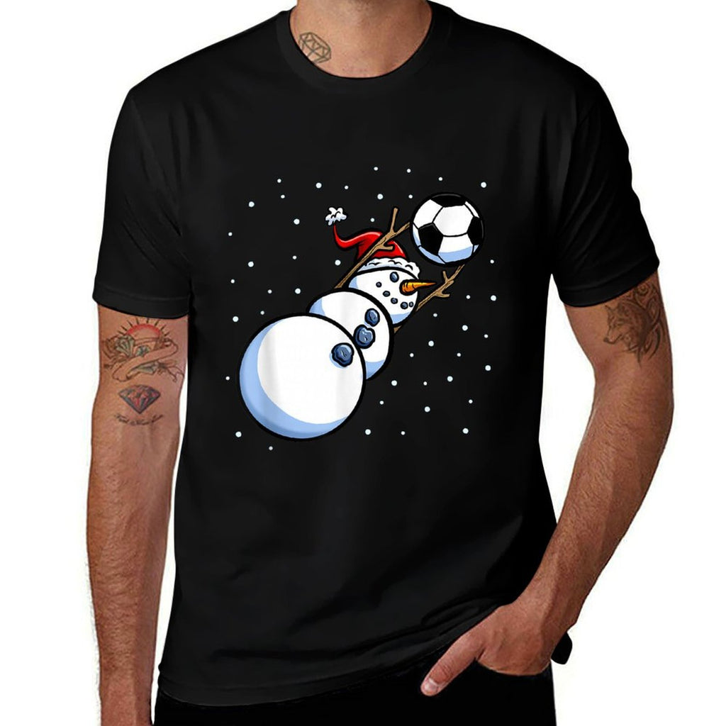 Christmas Boys Men Xmas Goalkeeper Soccer Snowman  High-quality Stitching T-Shirt