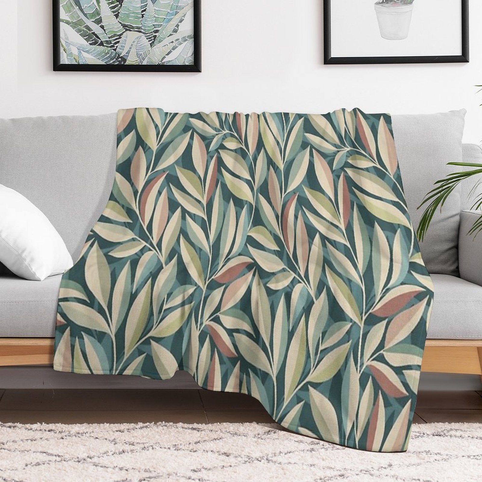 Peaceful Foliage And Shadows in Teal, Sage, Cream And Pink Pattern All-season Throw Blanket