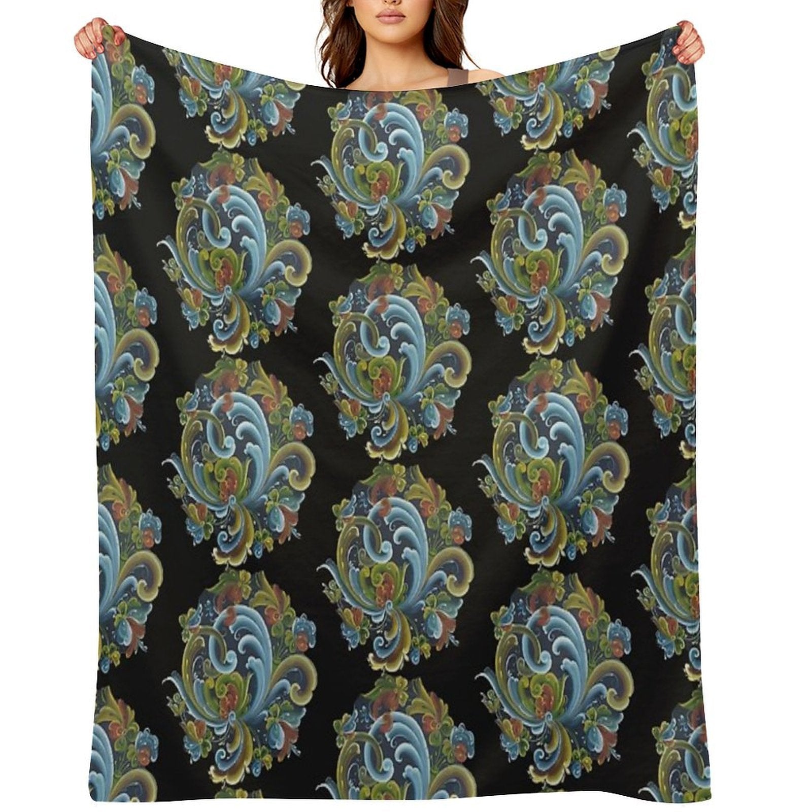 Traditional Norwegian Telemark Rosemaling Plush Throw Blanket