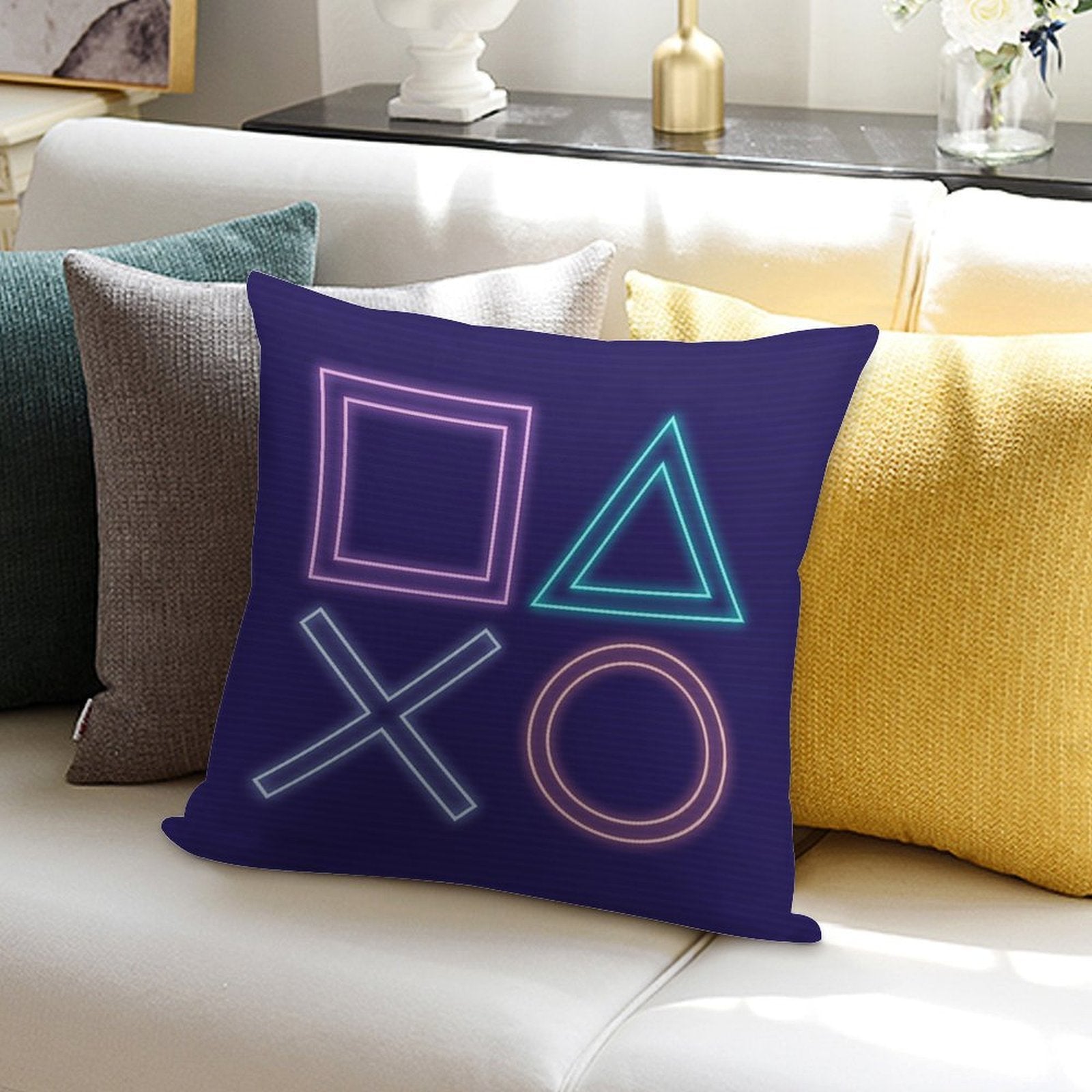 Playstation Buttons Synthwave Neon Game Pad Soft Style Accent Throw Pillow