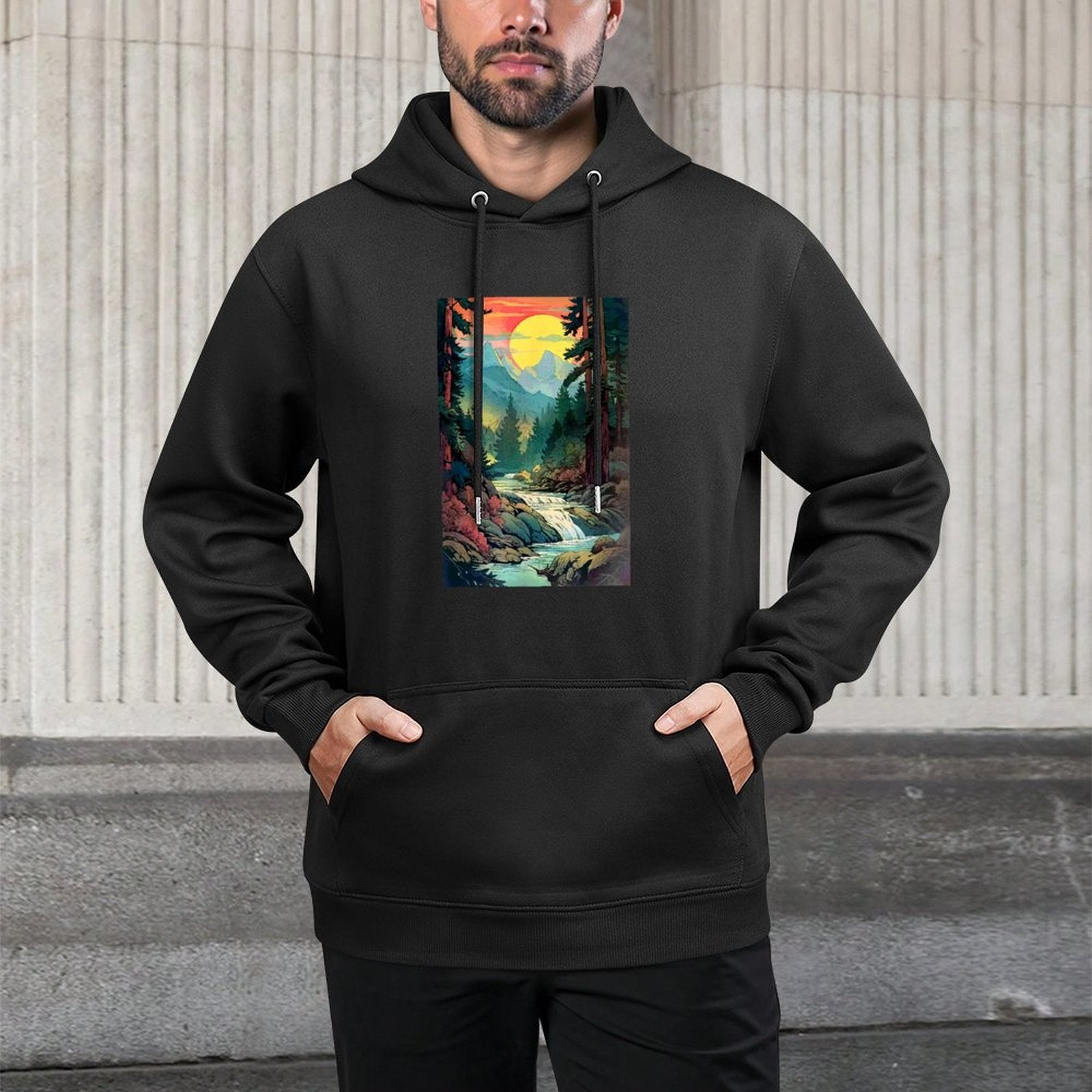 Mountains Trees River Waterfall Woodsy Nature Scene Outdoors Customizable Surface Hoodie