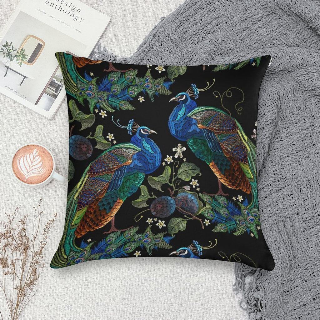 Embroidery Peacocks Soft Washable Throw Pillow