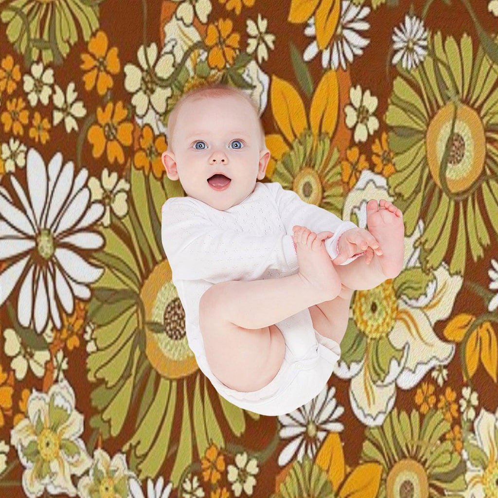 70s Retro Vintage Flower Power Pattern Boho, Orange, Brown, Sustainable Throw Blanket