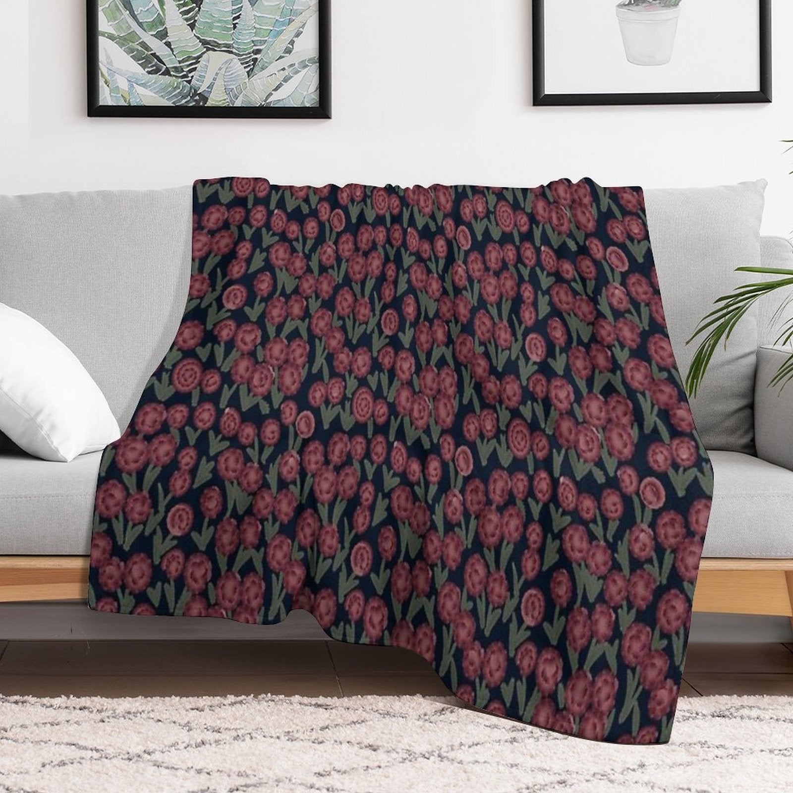 Burgundy Carnations on Dark Blue – Seamless Vintage Floral Design Lightweight Throw Blanket