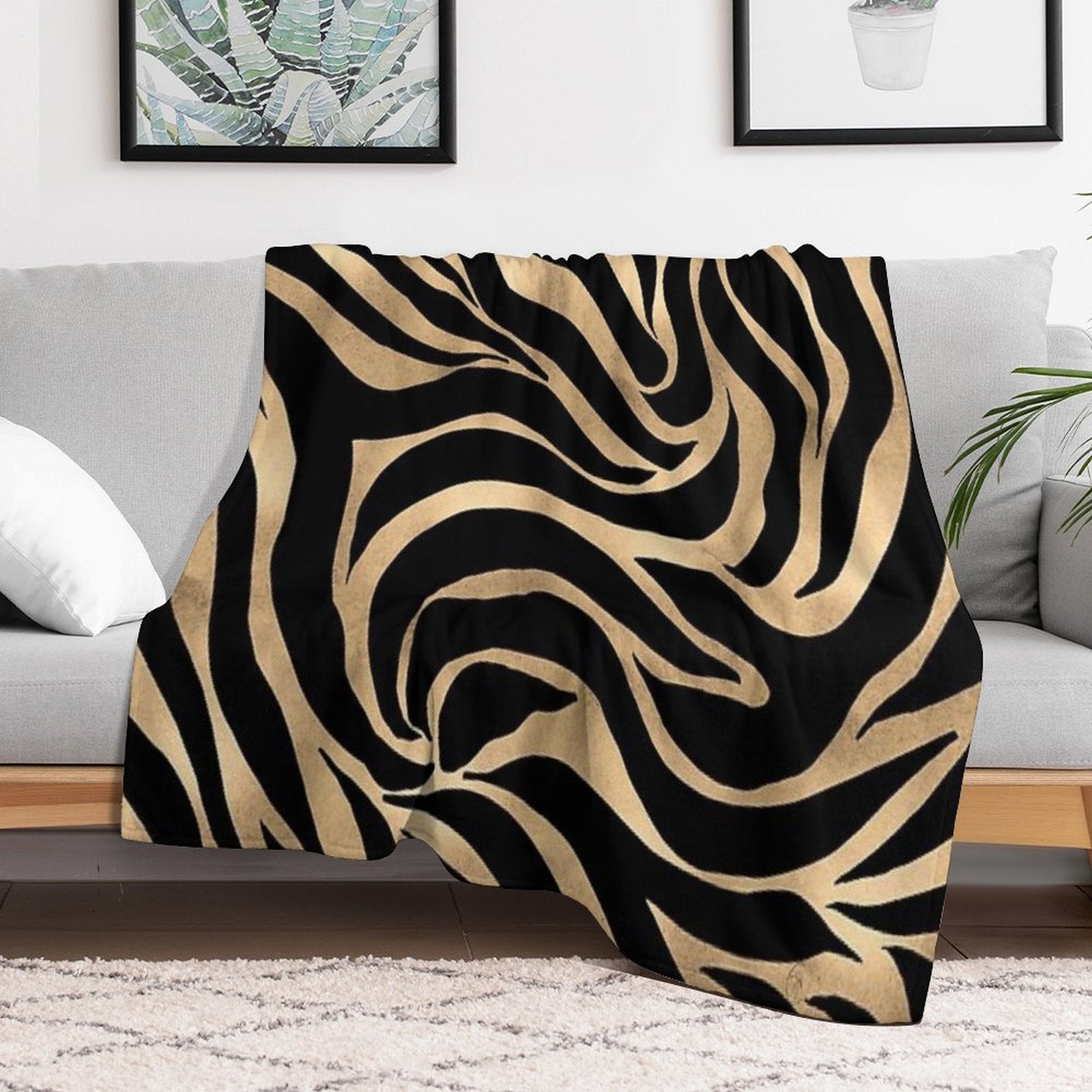 Elegant Metallic Gold Zebra Black Animal Print Lightweight Throw Blanket