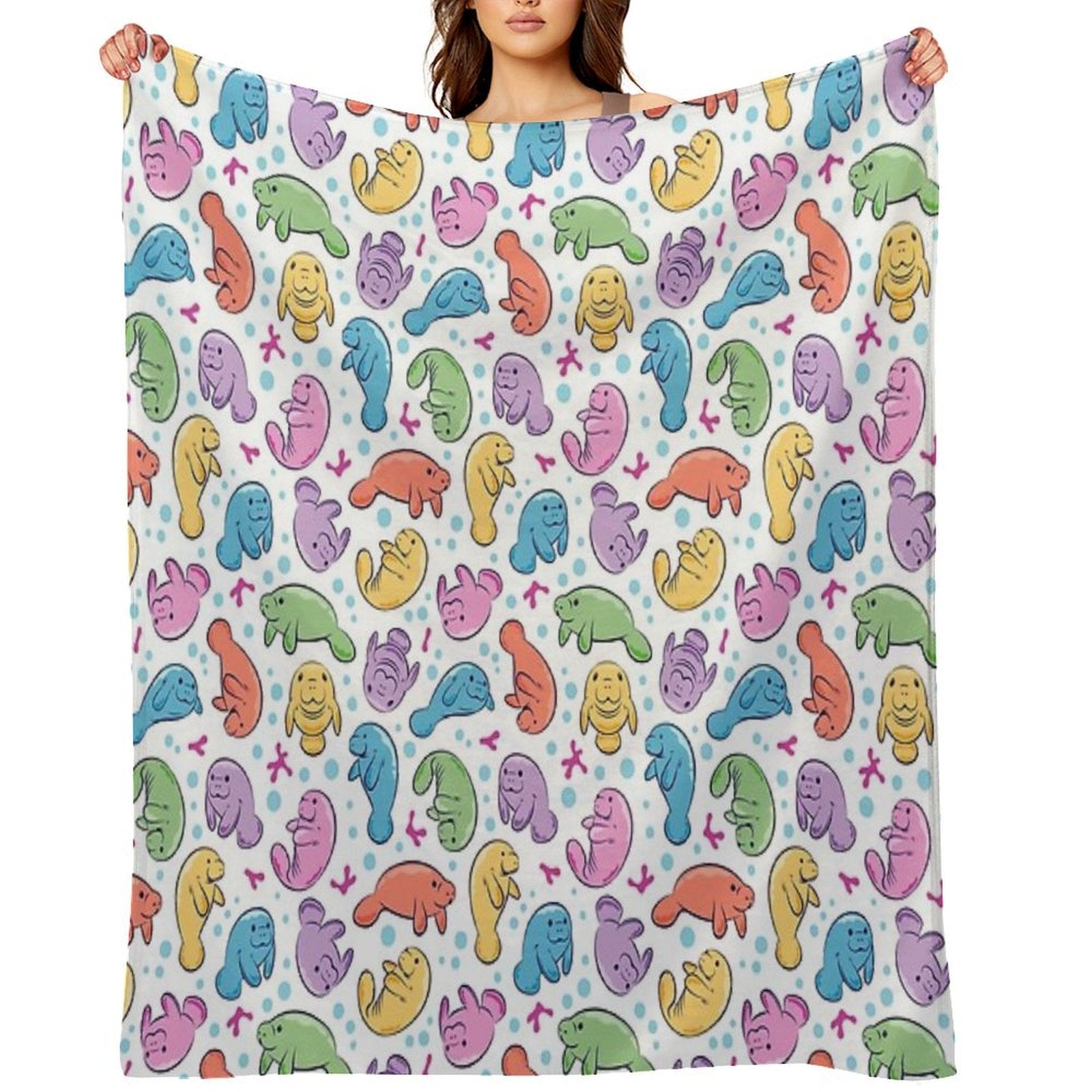 Cute Manatee Pattern - Colorful Underwater Pattern Travel-friendly Throw Blanket
