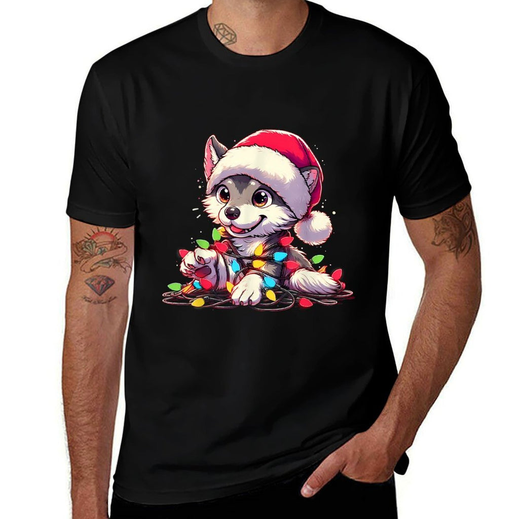Merry Wolfmas Christmas Lights Cute Wolf Santa Hat  Easy-care T-Shirt