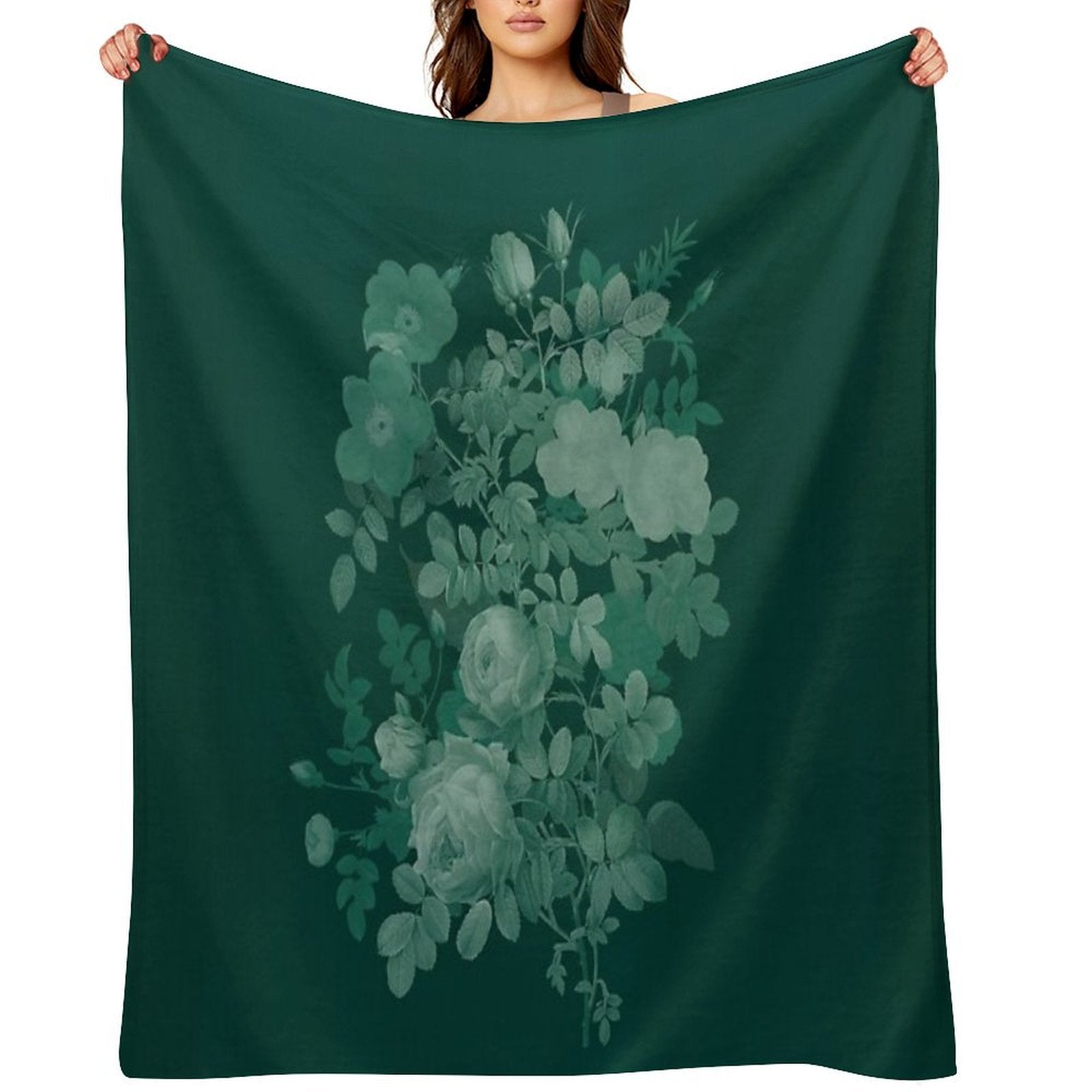 Dark Green Floral Collage, Bottle Green Monochrome Roses Bouquet Shrink-resistant Throw Blanket