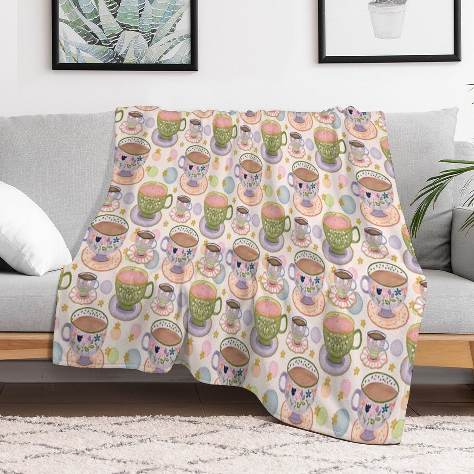 Fancy A Cup of Tea Watercolour Pattern Premium Throw Blanket