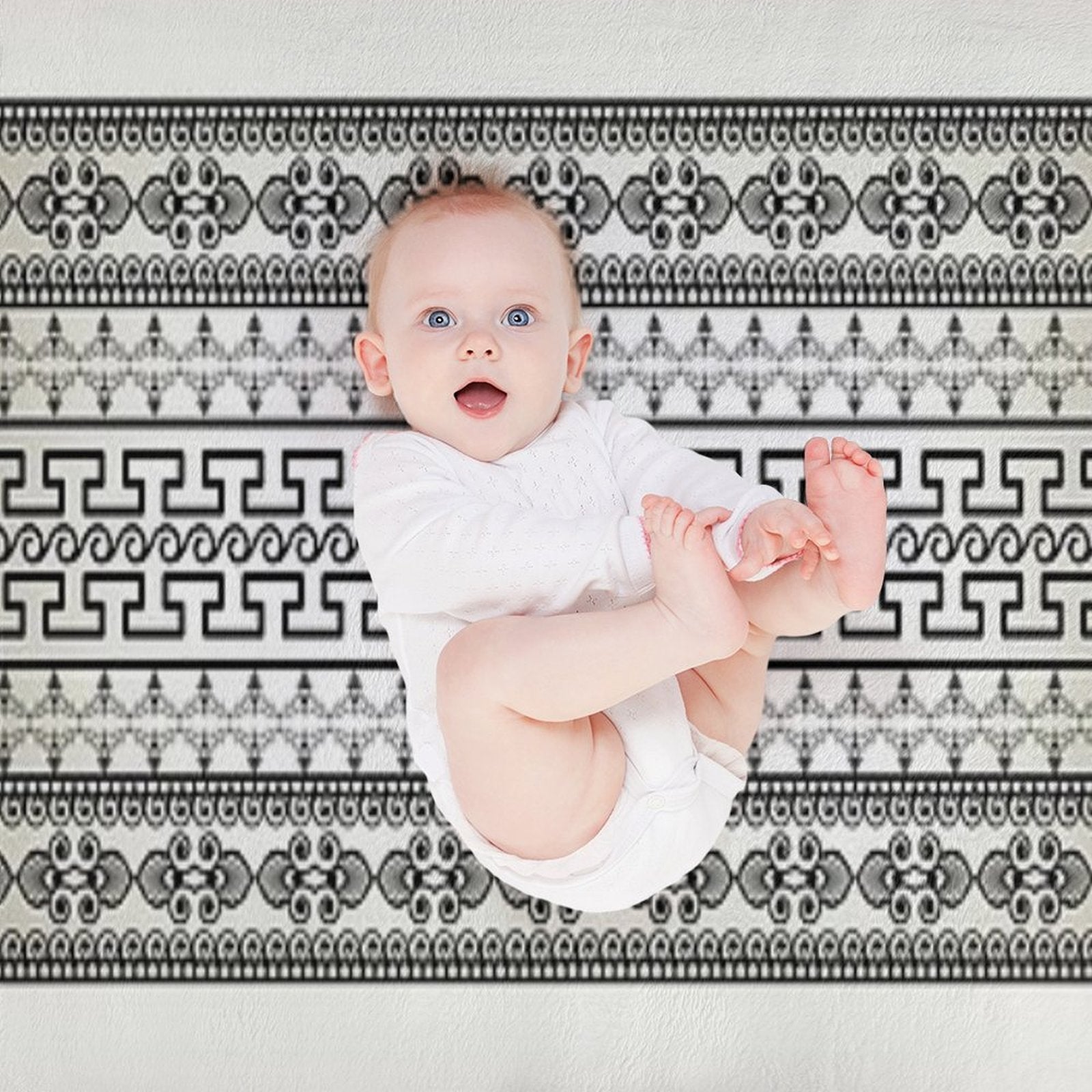 Greek Key Border Cream White Black Floral Premium Throw Blanket
