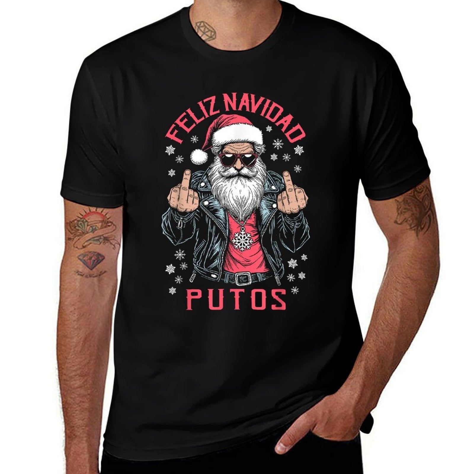 Feliz Navidad Putos Funny Rude Spanish Santa Middle Finger  Stretchy T-Shirt