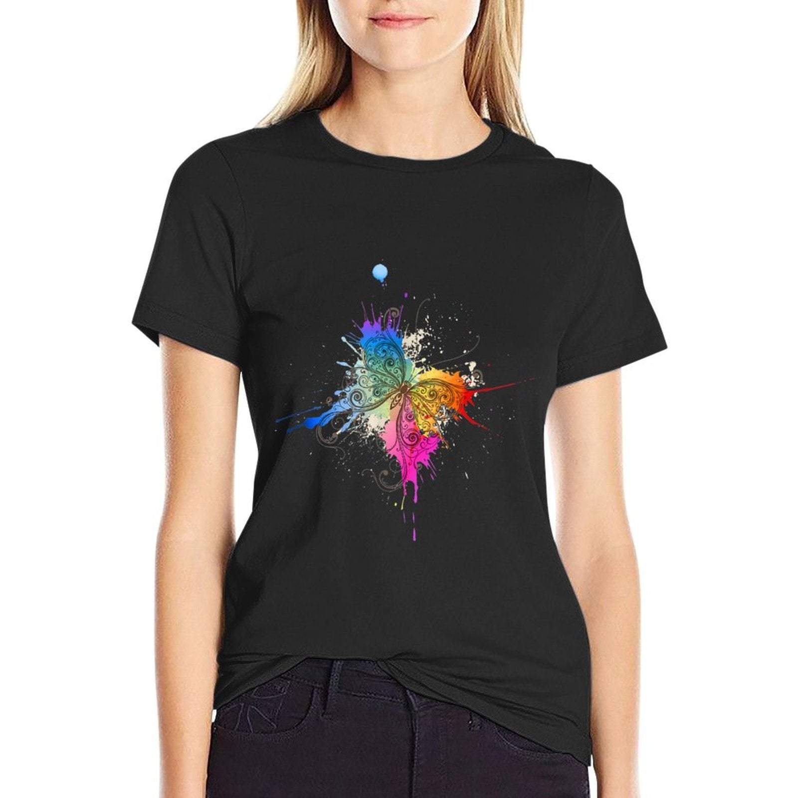 Colorful, Abstract Butterfly Artwork Design  Ribbed Collar T-Shirt