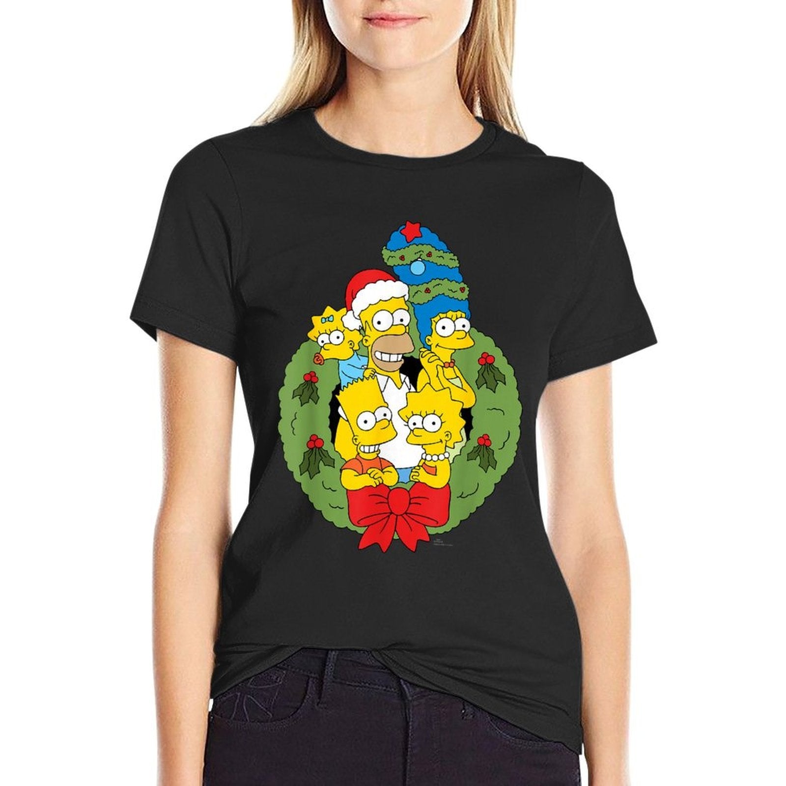 The Simpsons Unisex - Holiday Family Christmas Wreath - Black - Small -  Durable T-Shirt