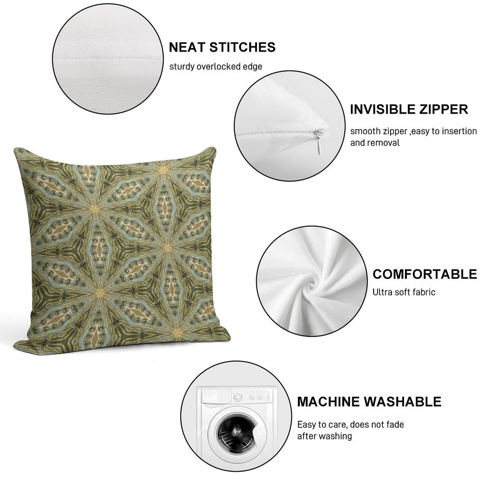 Antique Gold Bead, Sage Green Wash - Vintage Bold KaleidoSnap Soft Anti-Pilling Throw Pillow