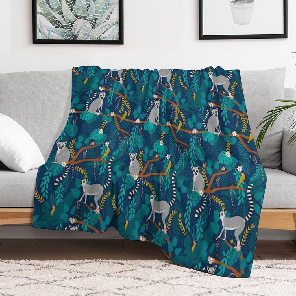 Lemurs in A Blue Jungle Easy Care Throw Blanket