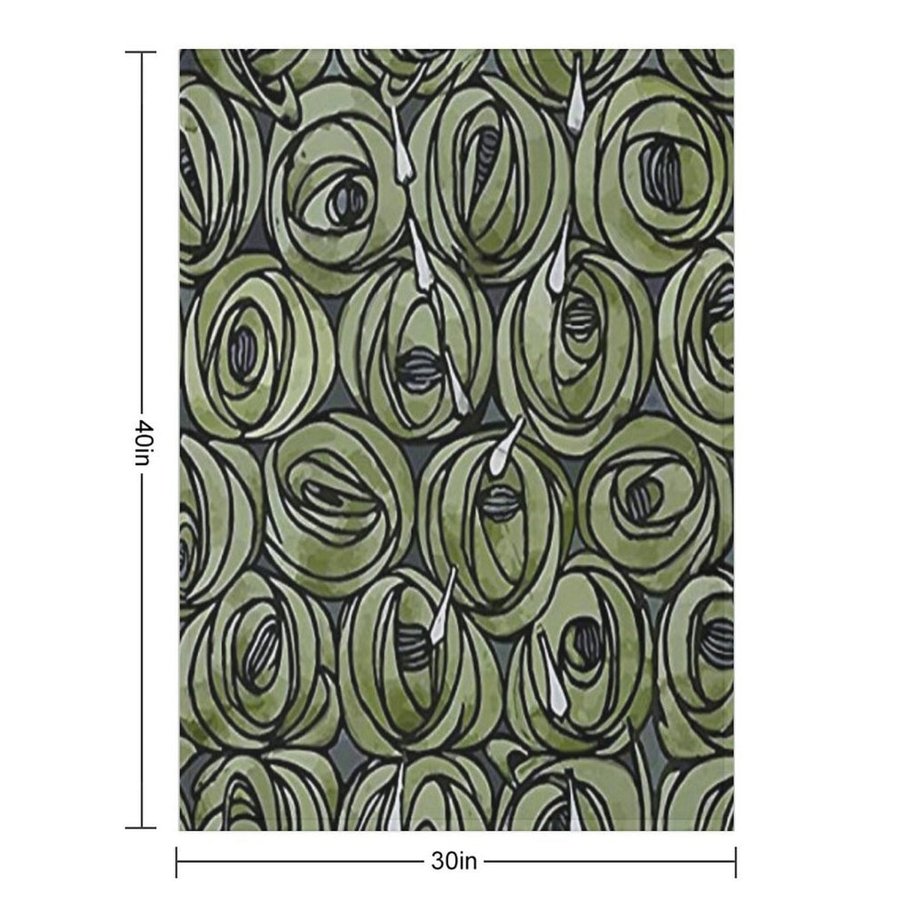 Charles Rennie Mackintosh - Roses  Teardrops, Olive Green Plush Throw Blanket