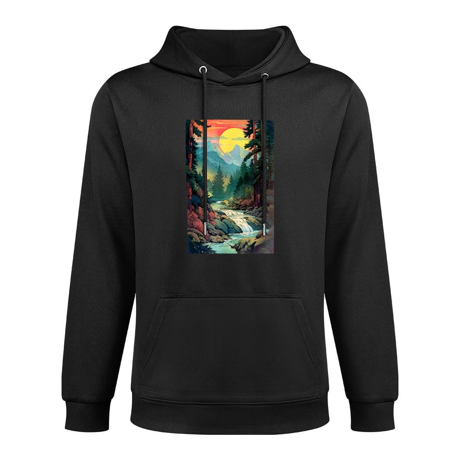 Mountains Trees River Waterfall Woodsy Nature Scene Outdoors Customizable Surface Hoodie