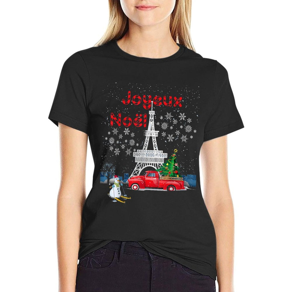 Paris Eiffel Tower Christmas Tree Red Truck Joyeux Noël Gift  Heathered Texture T-Shirt