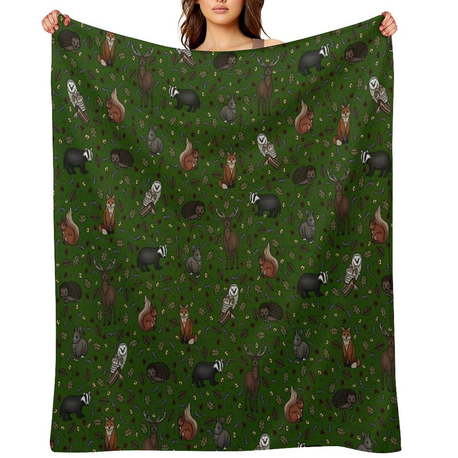 British Woodland Animals, Forest Green Wrinkle-free Throw Blanket