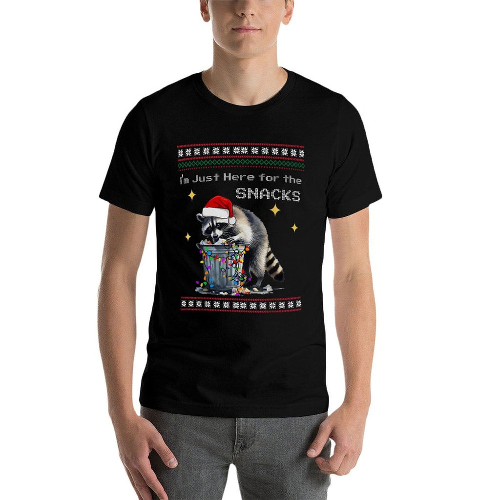 Im Just Here for The Snacks Raccoon Xmas Lights Christmas  Ribbed Collar T-Shirt