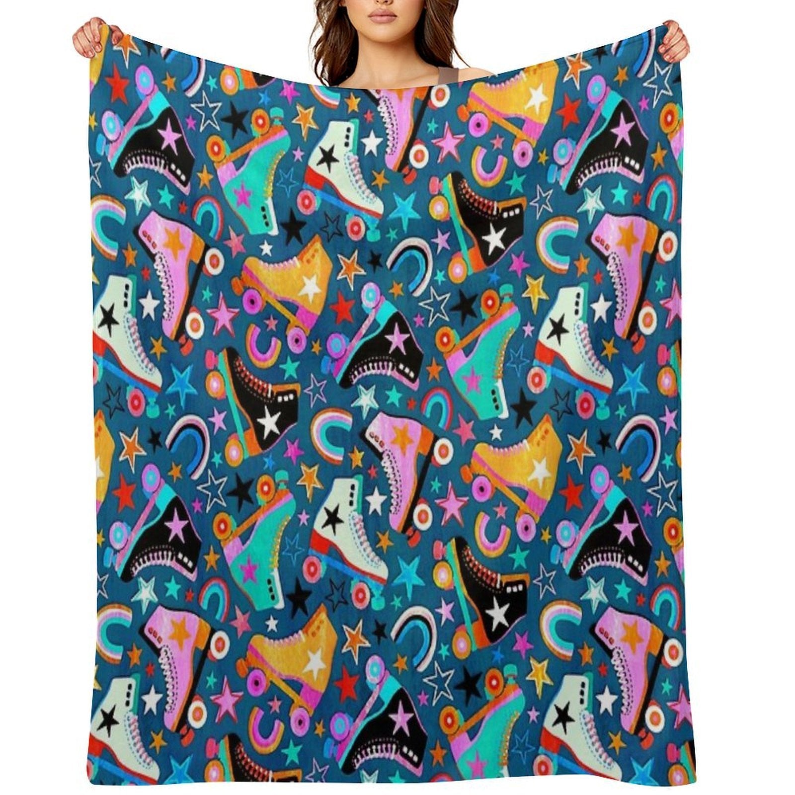 Retro Rainbow Roller Skates And Stars Durable Throw Blanket