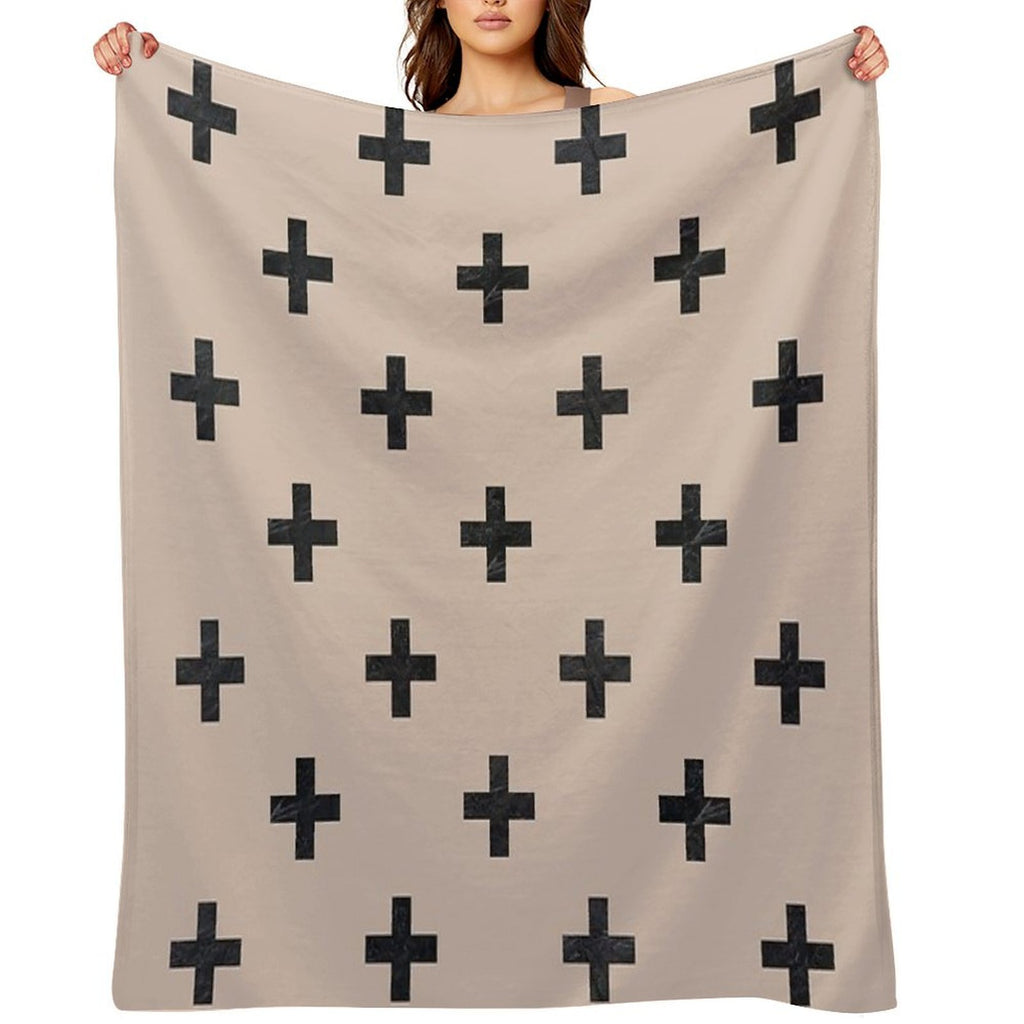 Beige And Black Textured Swiss Cross Pattern Lightweight Throw Blanket